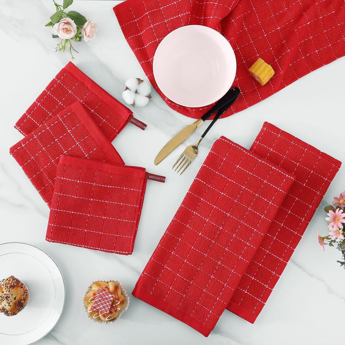 Homaxy Kitchen Towels and Dishcloths Set, Set of 16, Red | Bulk Cotton Terry Kitchen Towels, Checkered Designed, Soft