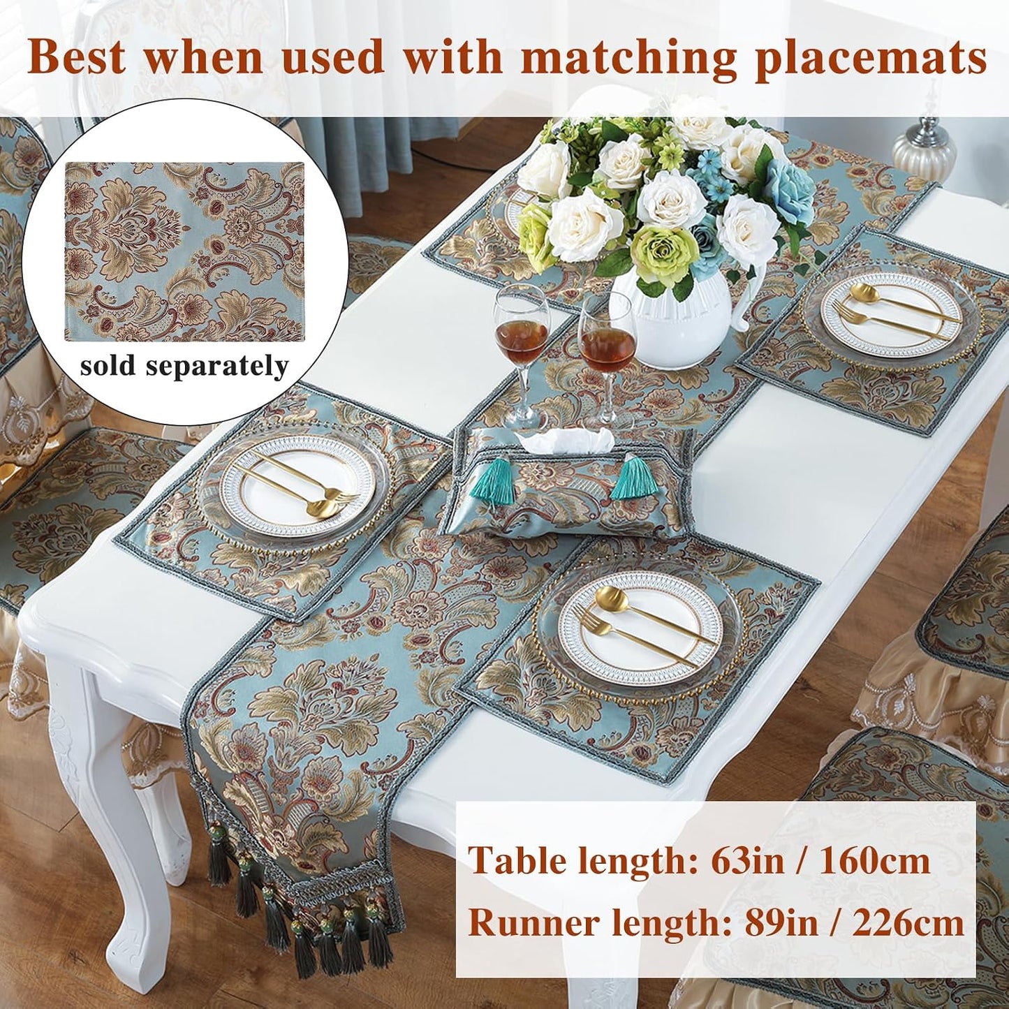 kilofly Elegant Floral Brocade Jacquard Table Runner Tassels (96 x 12 inches)