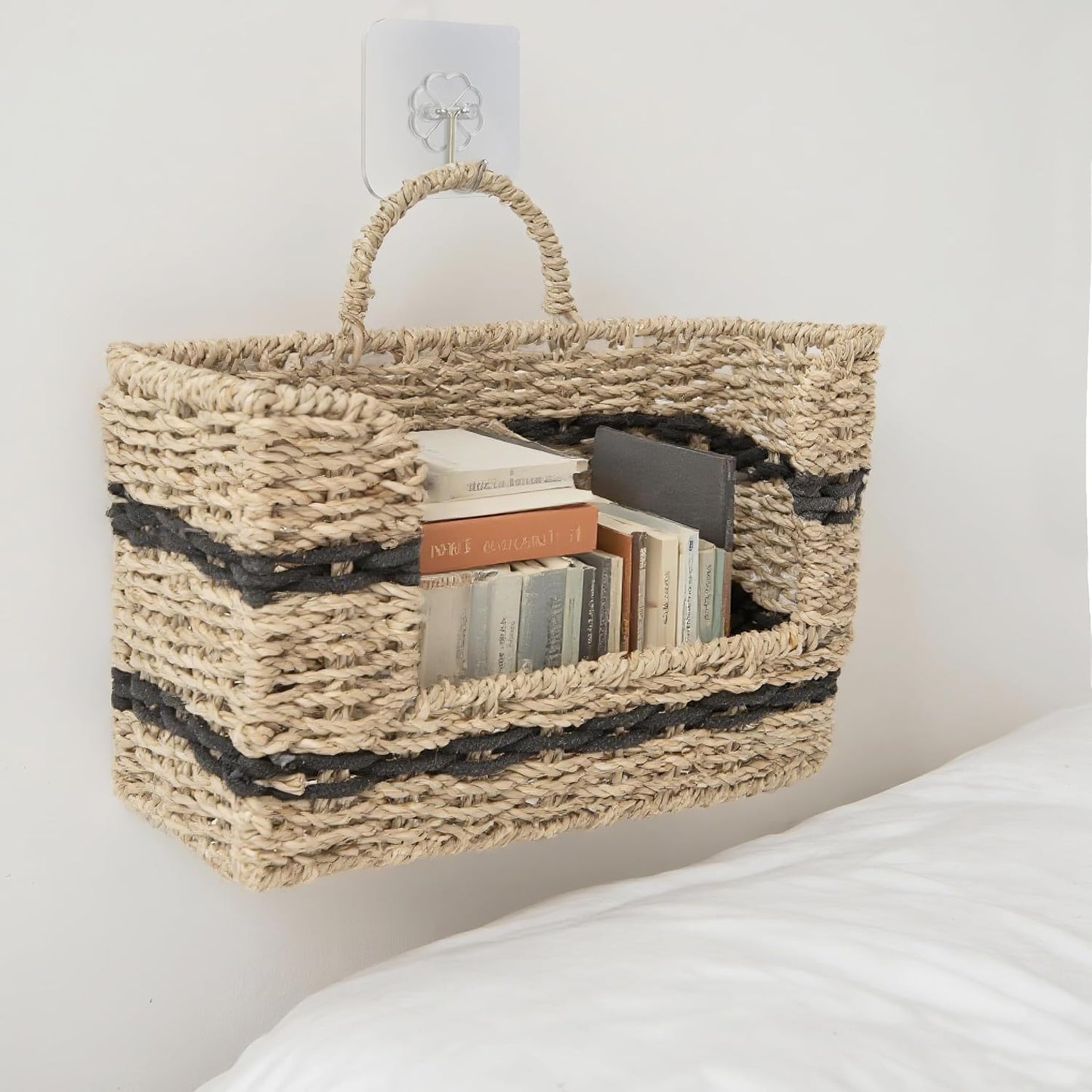 Handmade Seagrass Woven Hanging Basket / Rectangular Opening / Black / 11.81 x 4.33 x 7.87