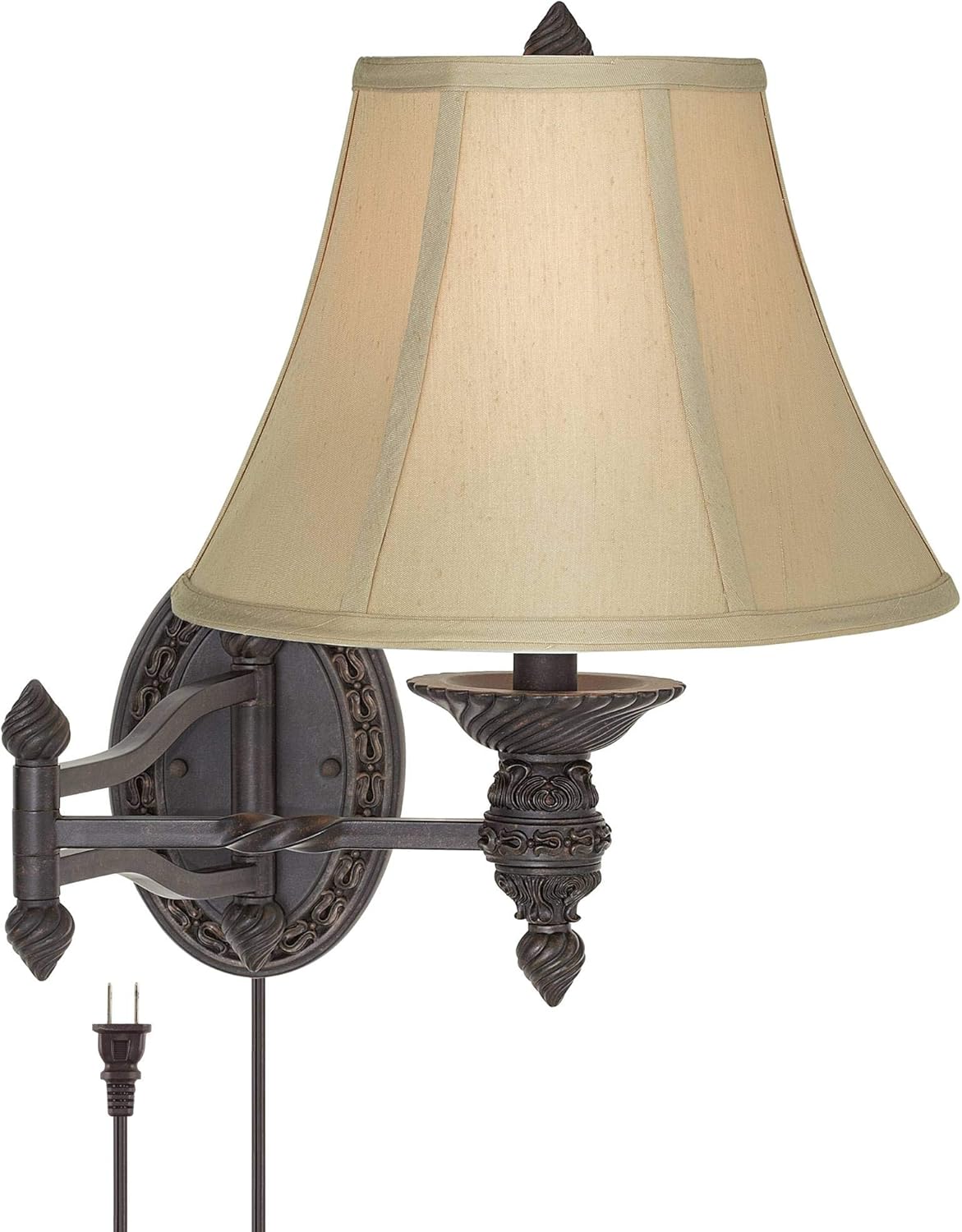 Godia Bronze Oval Plug-In Swing Arm Country Wall Lamp Light Fixture | French Indoor Dimmable Beige Softback Bell Shade