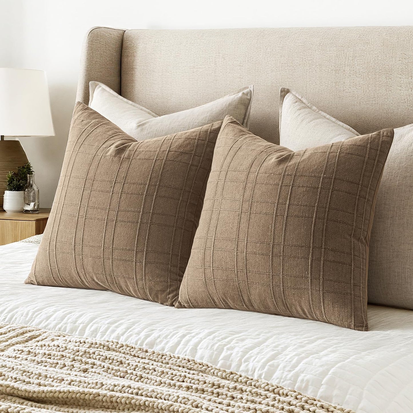 Decorative Linen Check Throw Pillow Covers Neutral Farmhouse / 18 x 18 / Light Brown / Set of 2