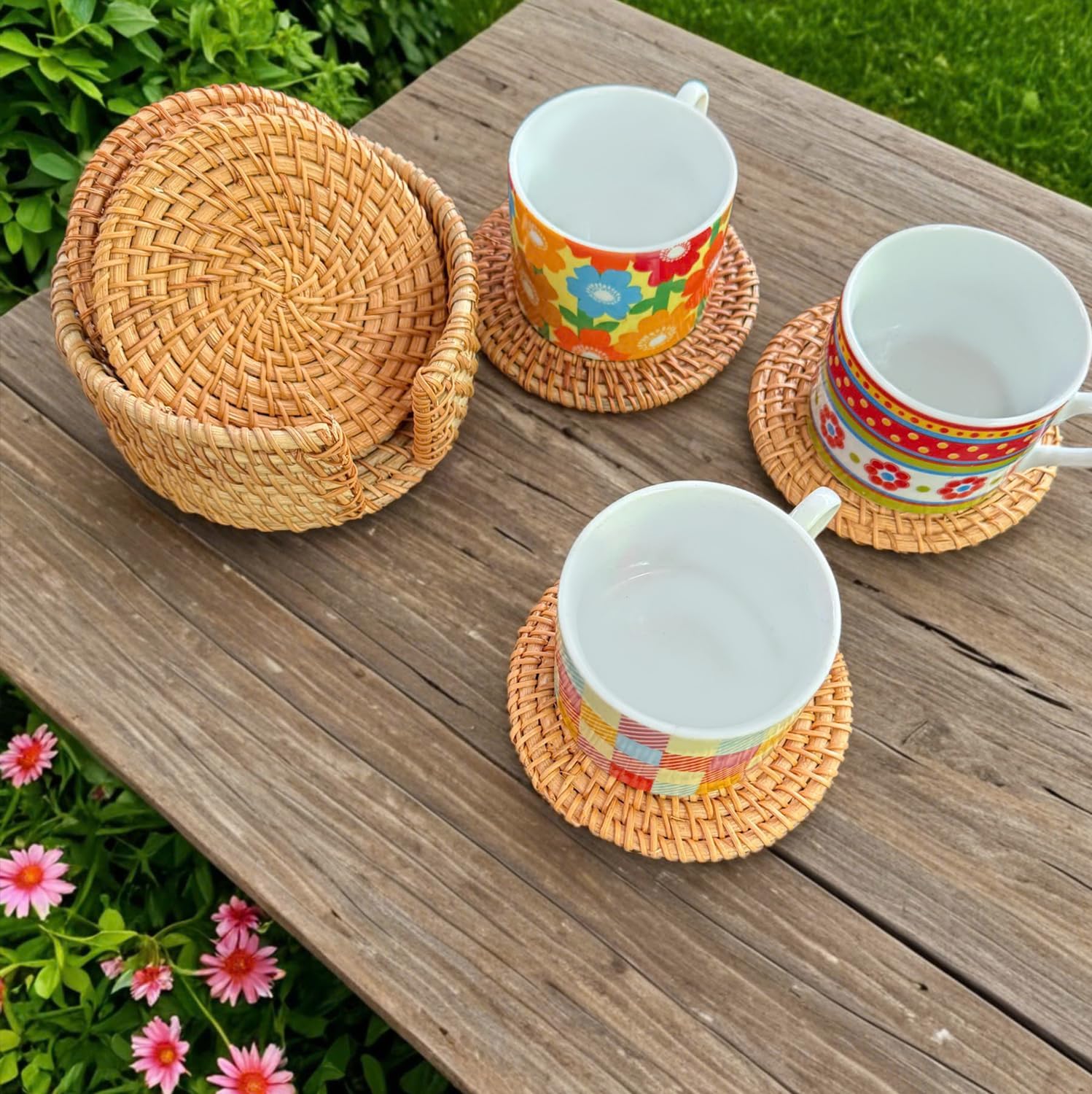 Holder / Set of Handmade Rattan Coasters / Natural Rattan / Set of 6