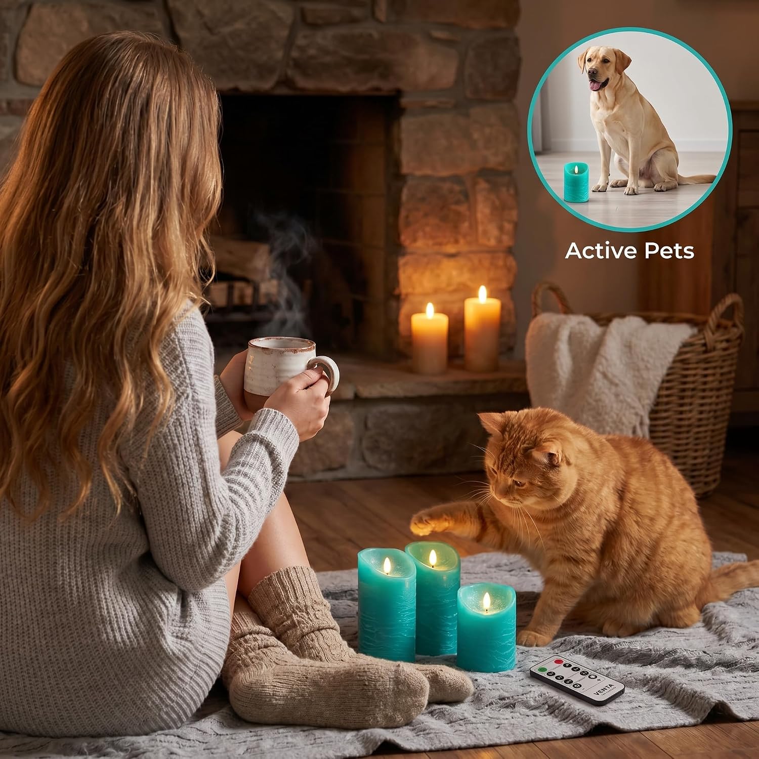 VENTA Turquoise Real Wax Flameless Candles, Set of 3 | Realistic Teal LED Pillar Candles with Remote & Timer | Perfect