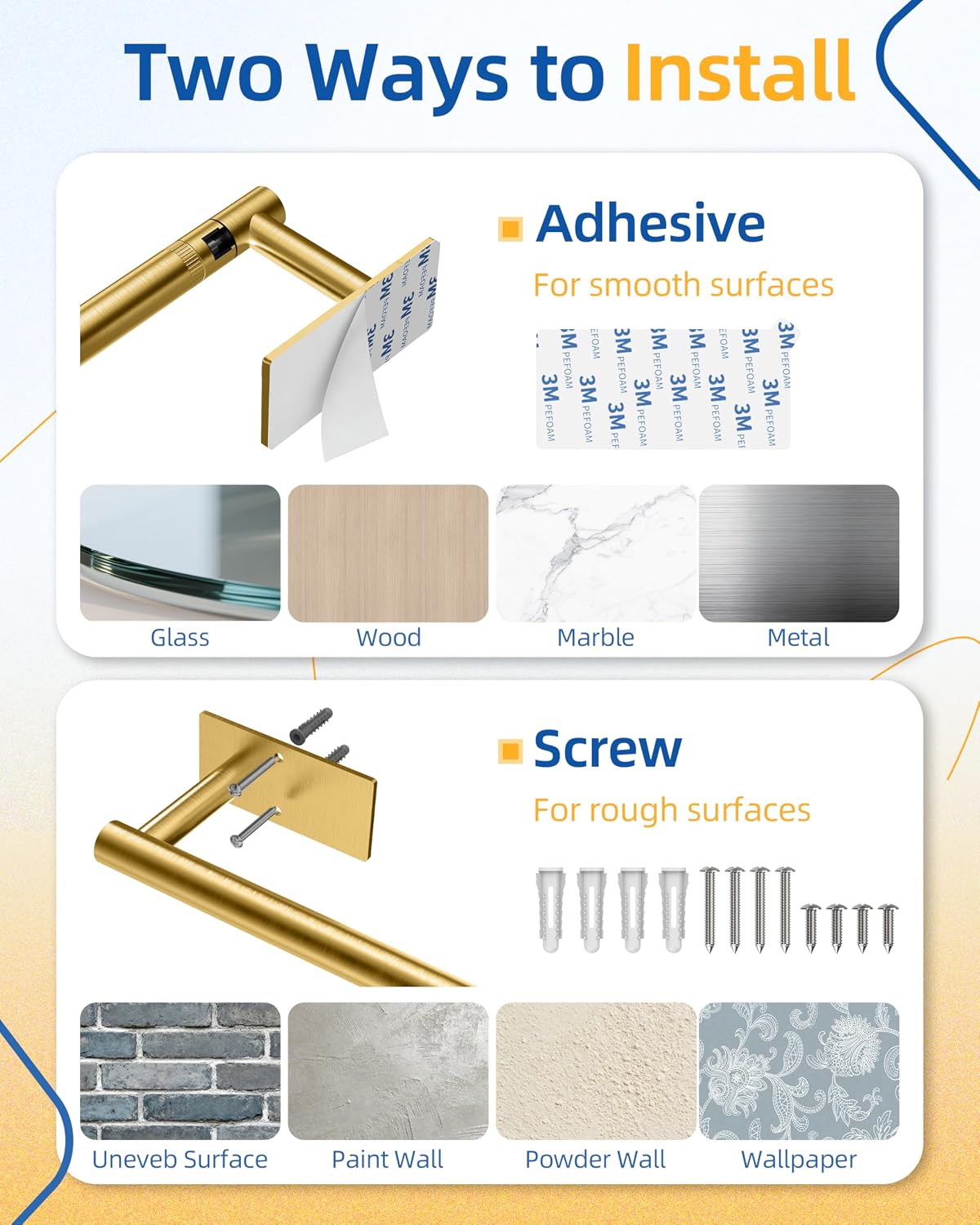 RUACQ Paper Towel Holder Under Cabinet, Stainless Steel, Brushed Gold | Drill Wall Mount or Adhesive, Square Base