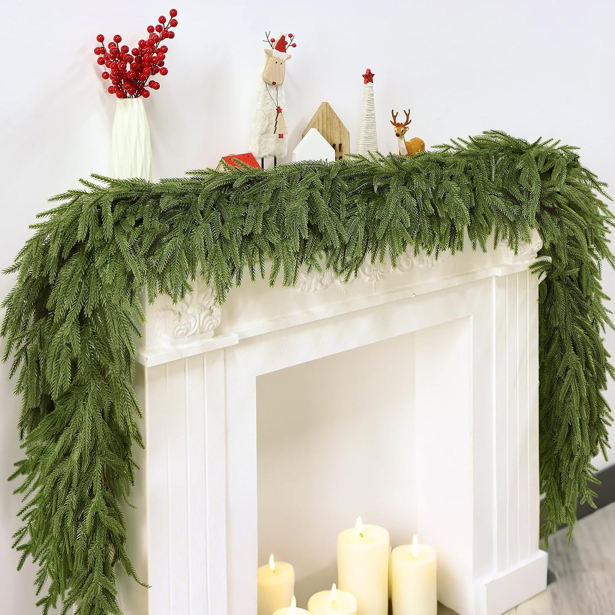 12FT Artificial Norfolk Pine Garlands - Real Touch Winter Pine Garland | Green Artificial Greenery Garland for Mantle
