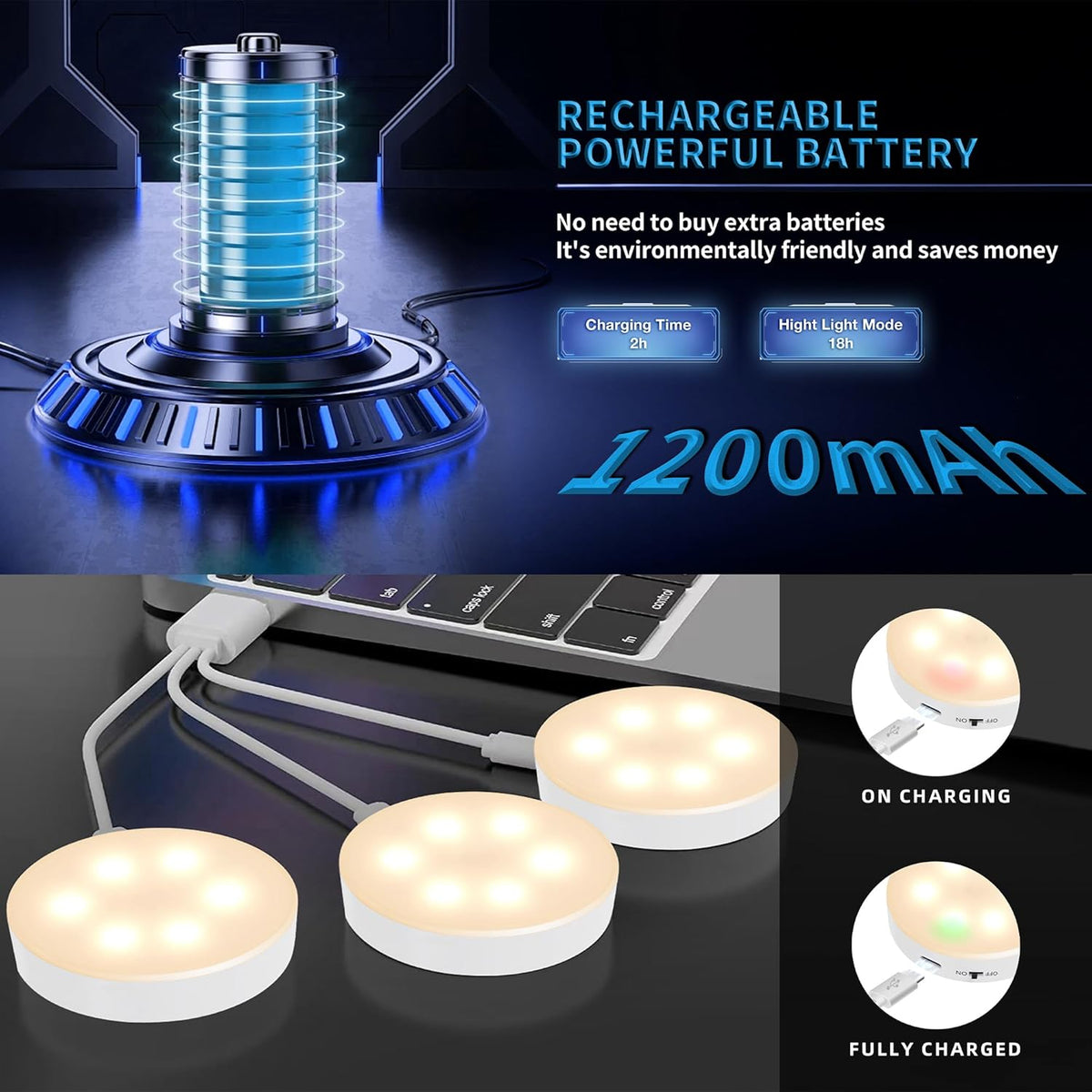Puck Lights with Remote Control,Under Cabinet Lighting,Warm White,9 pcs | Stick On Lights,Magnetic,Cordless,1200mAh