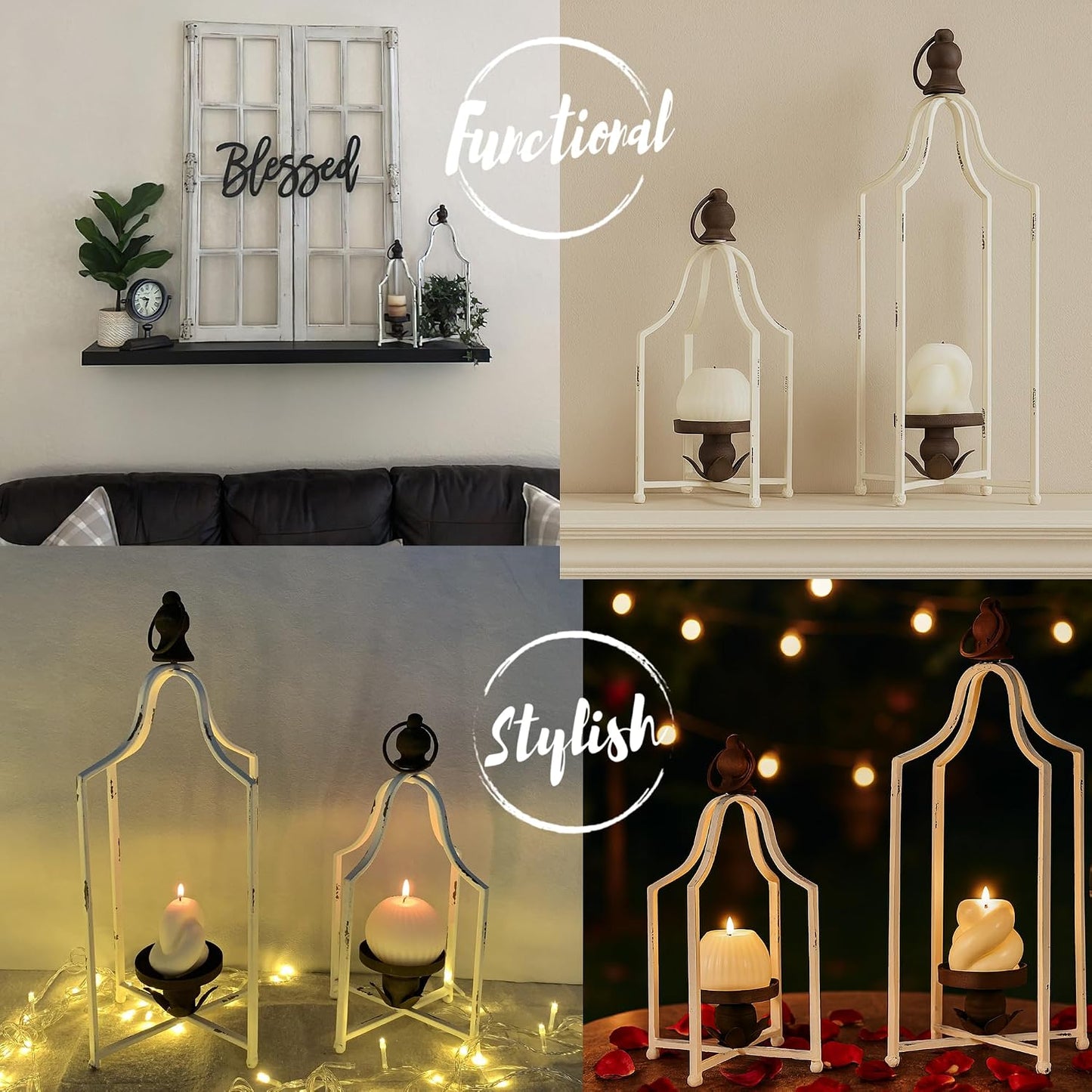 12.5" & 16.5" Timeless Cozy Decorative Lanterns Set of 2, Handcrafted Metal Iron Candle Holders, Farmhouse Elegance