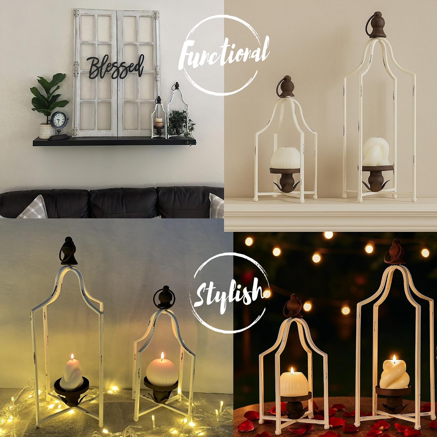 12.5" & 16.5" Timeless Cozy Decorative Lanterns Set of 2, Handcrafted Metal Iron Candle Holders, Farmhouse Elegance