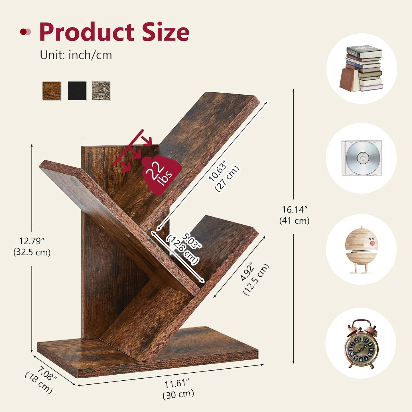 Tree Bookshelf 3-Tier Small Book Organizer, Rustic Brown | Mini Bookshelf, Small Bookcase, Modern Book Storage for