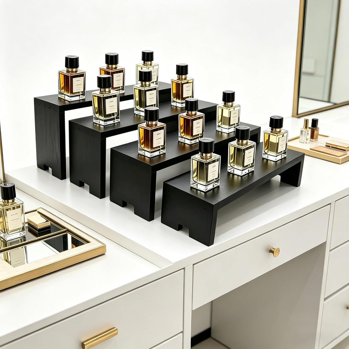 Yikaroeli 2 Set Large Black Display Riser Perfume Display Stand Cologne Shelf Wood Risers for Display,11"-8.6"