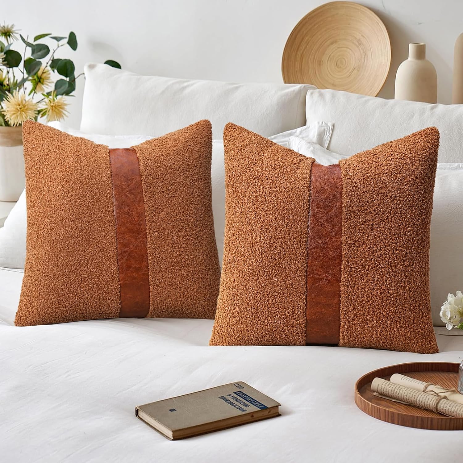Teddy Boucle Decorative Throw Pillow Covers Faux Leather Contrast / Brown / 18 x 18 / Set of 2