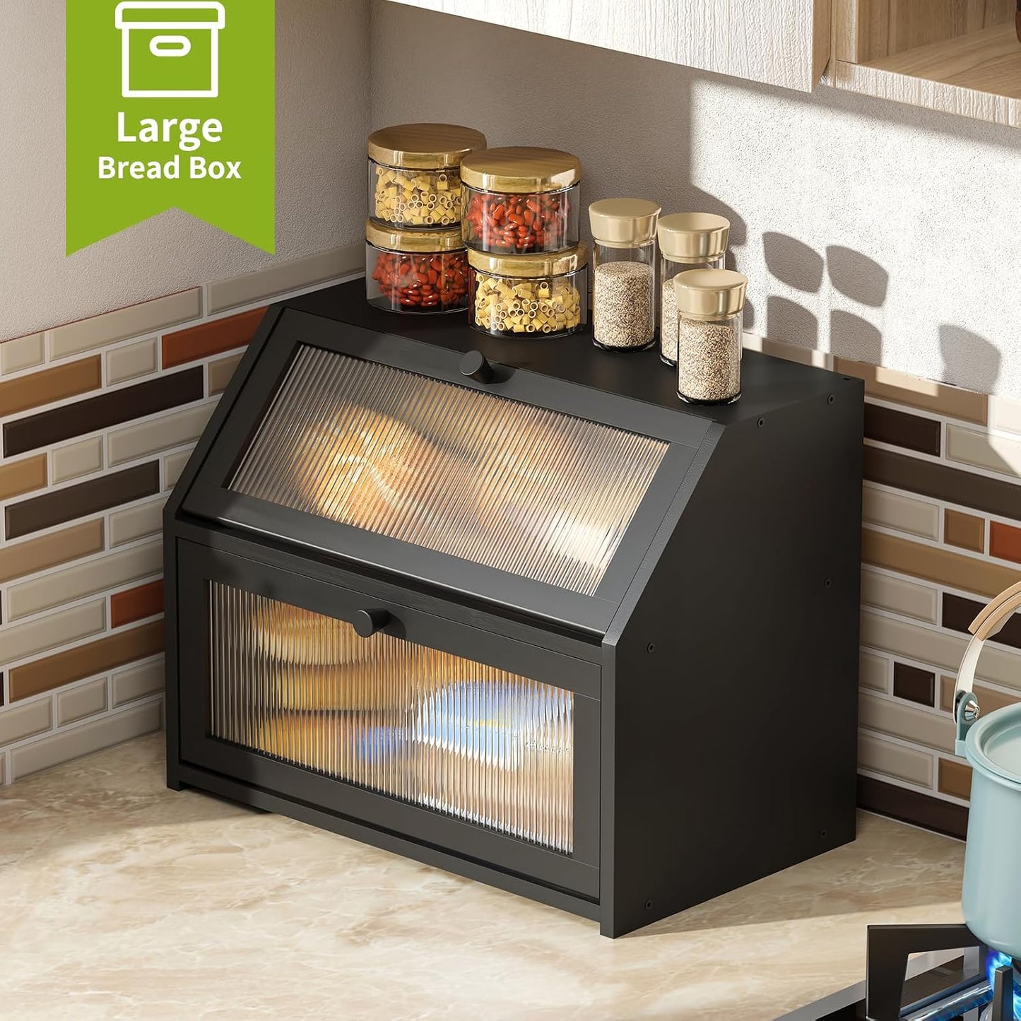 BMOSU Large Double Layer Bread Box for Kitchen Countertop, Bamboo Wood Capacity Bin Storage (Black)