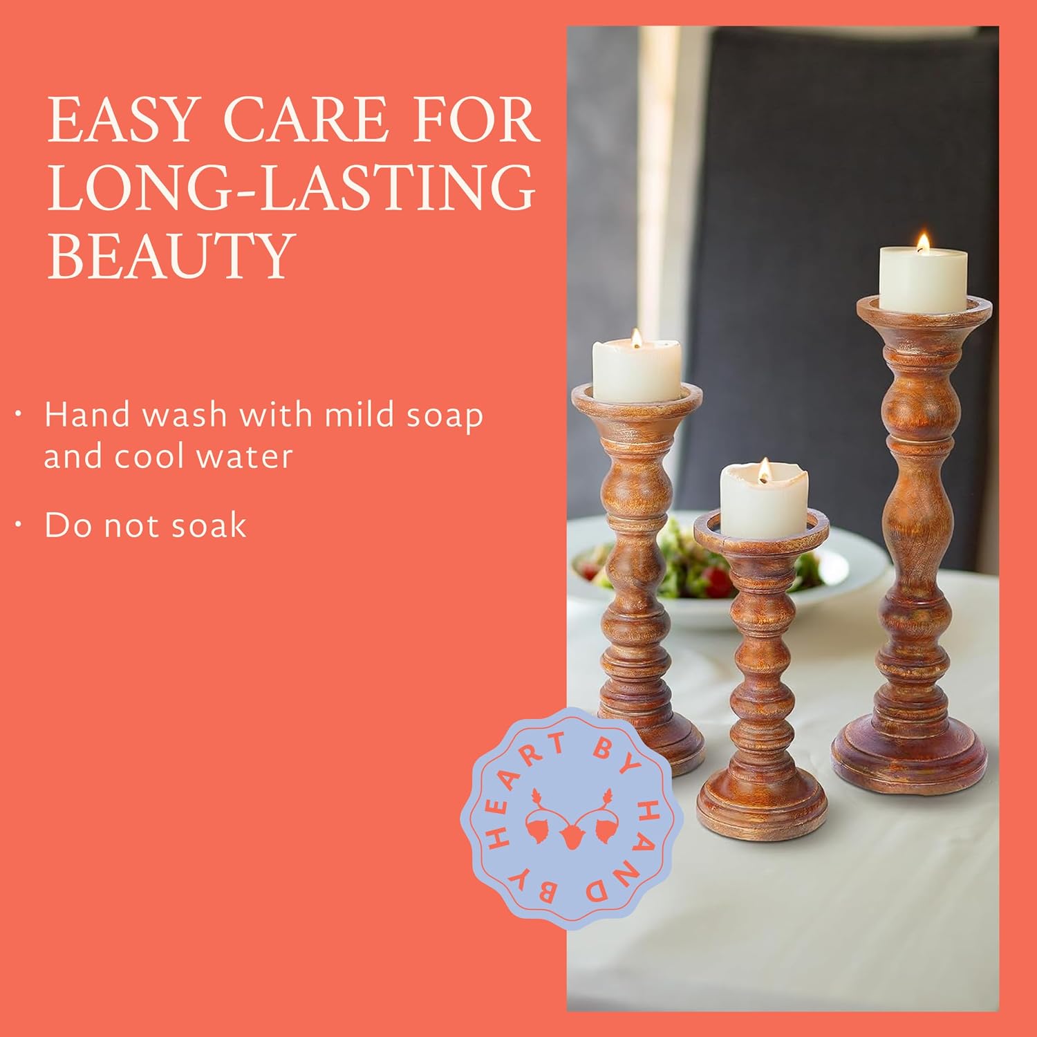 Willow Mango Wood Candle Holders - Medium Polish, Set of 3 | 9”, 12” & 15” hand-carved candle holders for table, mantel