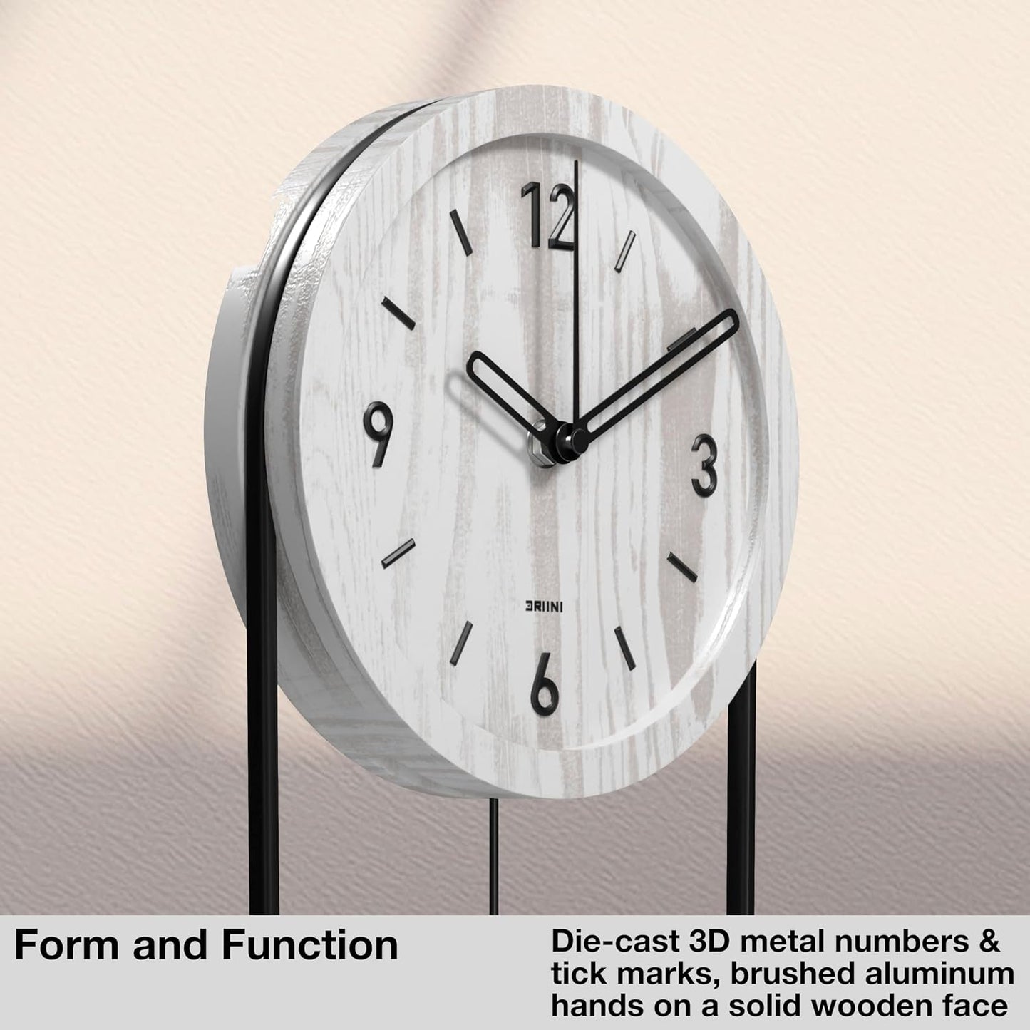 Driini Decorative Wall Clock with Pendulum (White) – Modern Wood, 3D Gold Numbers, Metal Frame – Small, Unique Wall