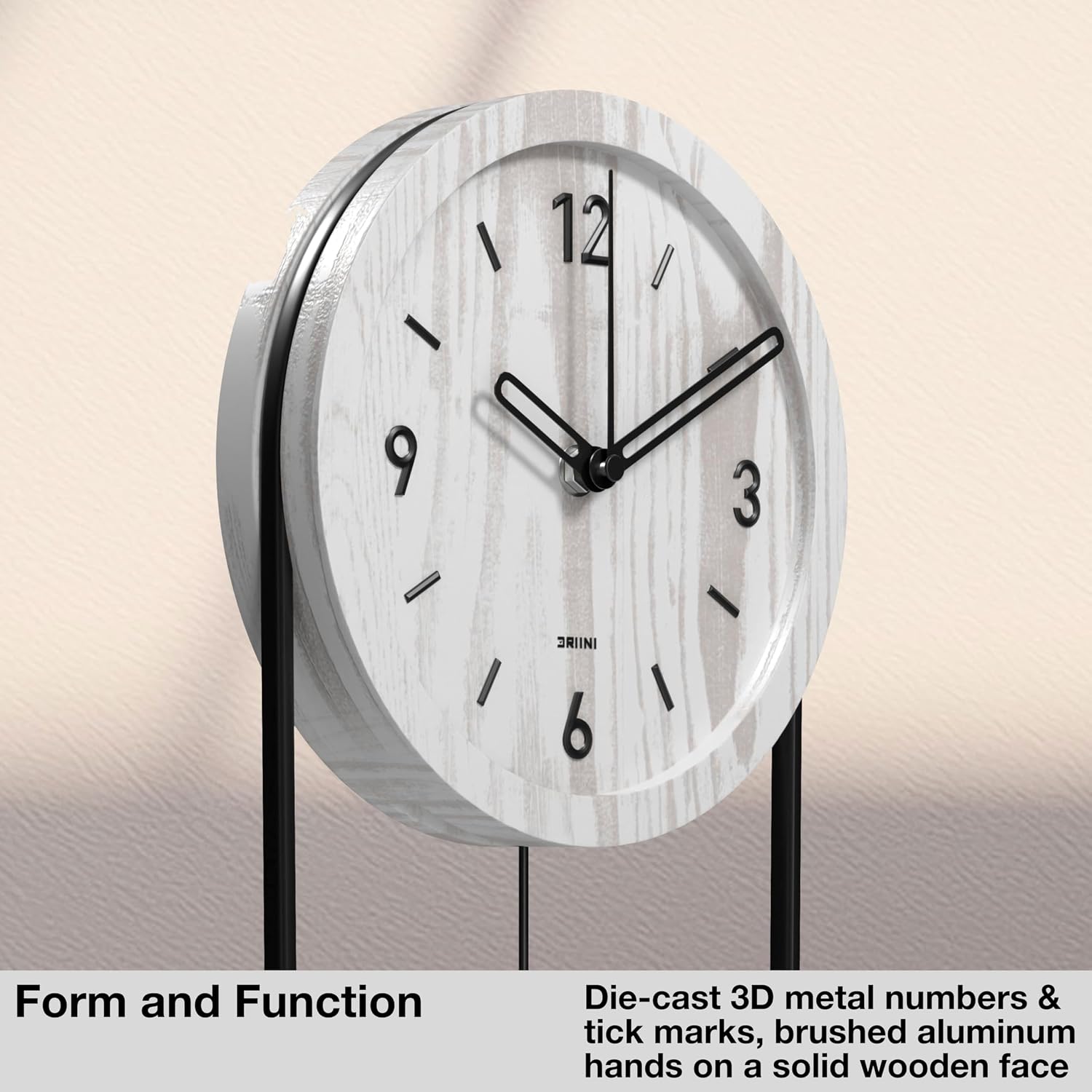Driini Decorative Wall Clock with Pendulum (White) – Modern Wood, 3D Gold Numbers, Metal Frame – Small, Unique Wall