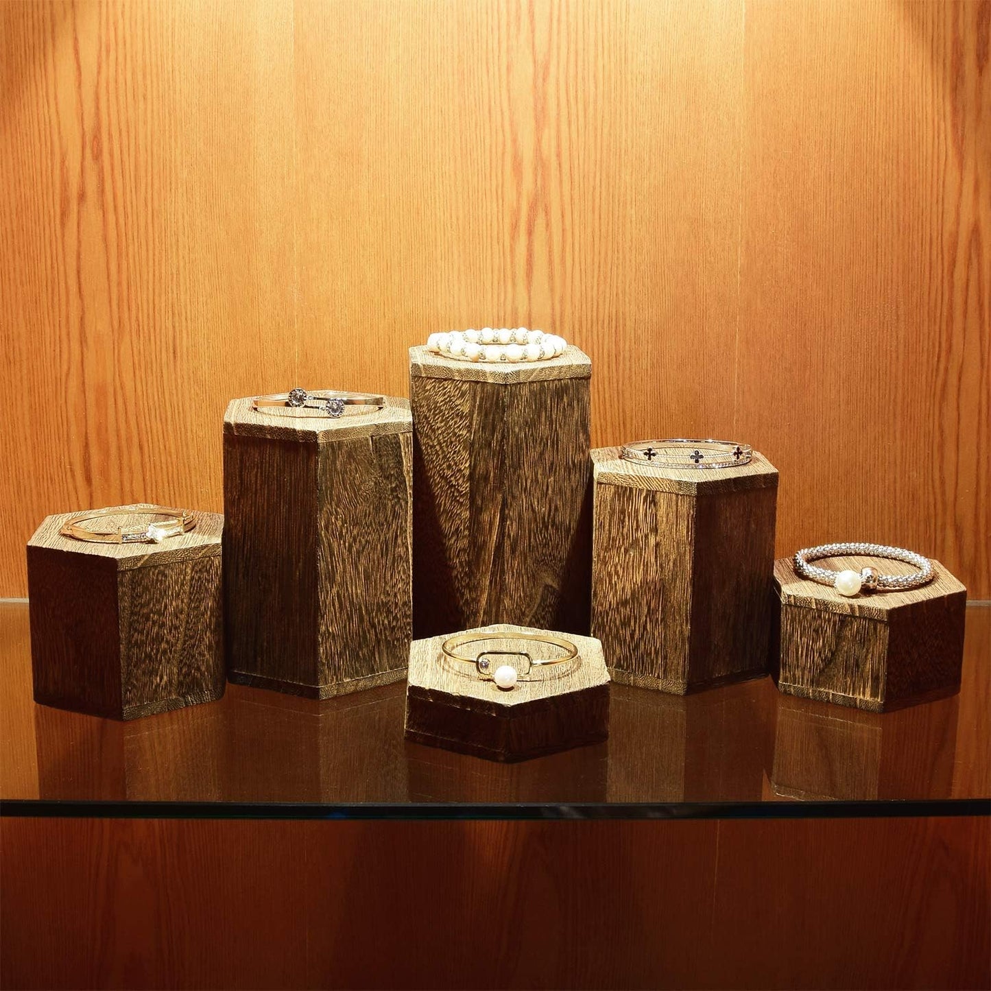 Wooden Hexagon Risers for Display Jewelry and Accessories Display Stand / Brown / Set of 6