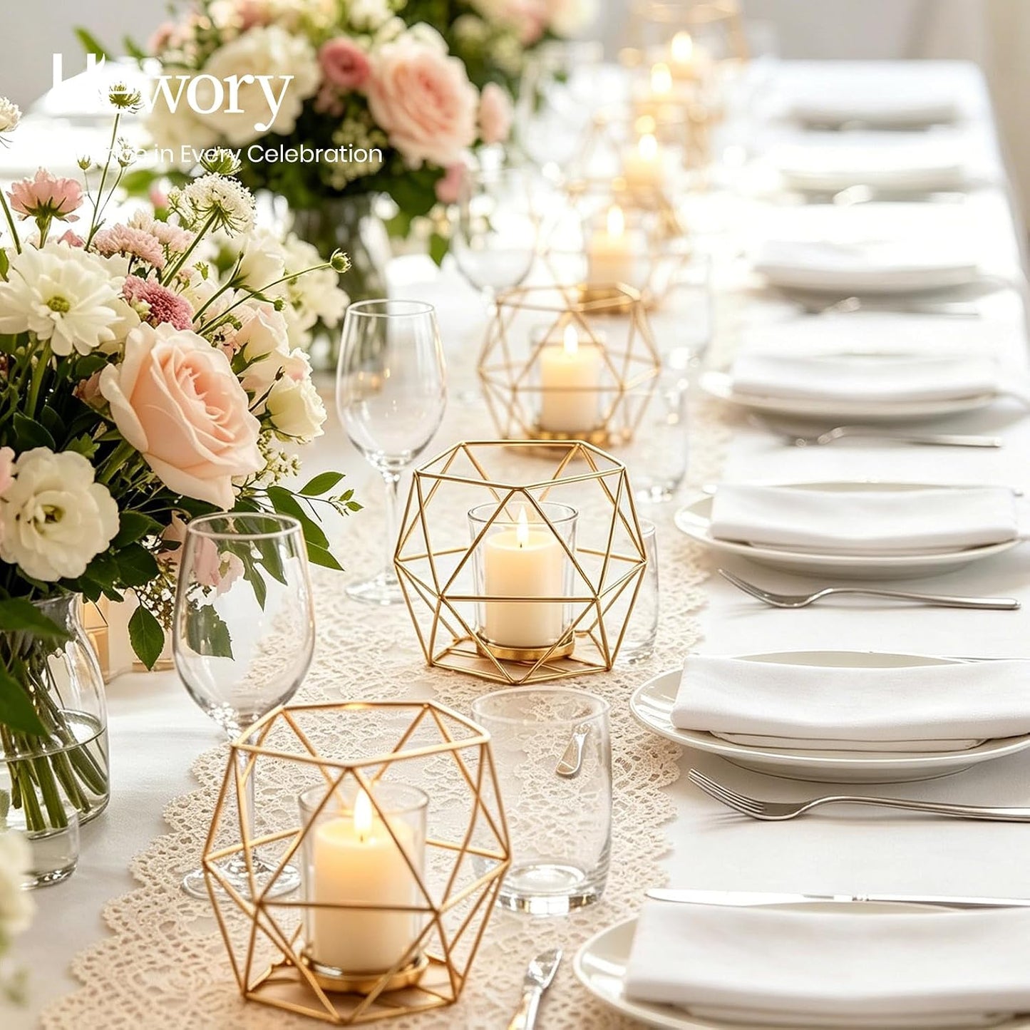 Hewory Geometric Tealight Candle Holders, 12 Pcs Wedding Table Centerpieces | Gold Candle Holders with Clear Cups, for