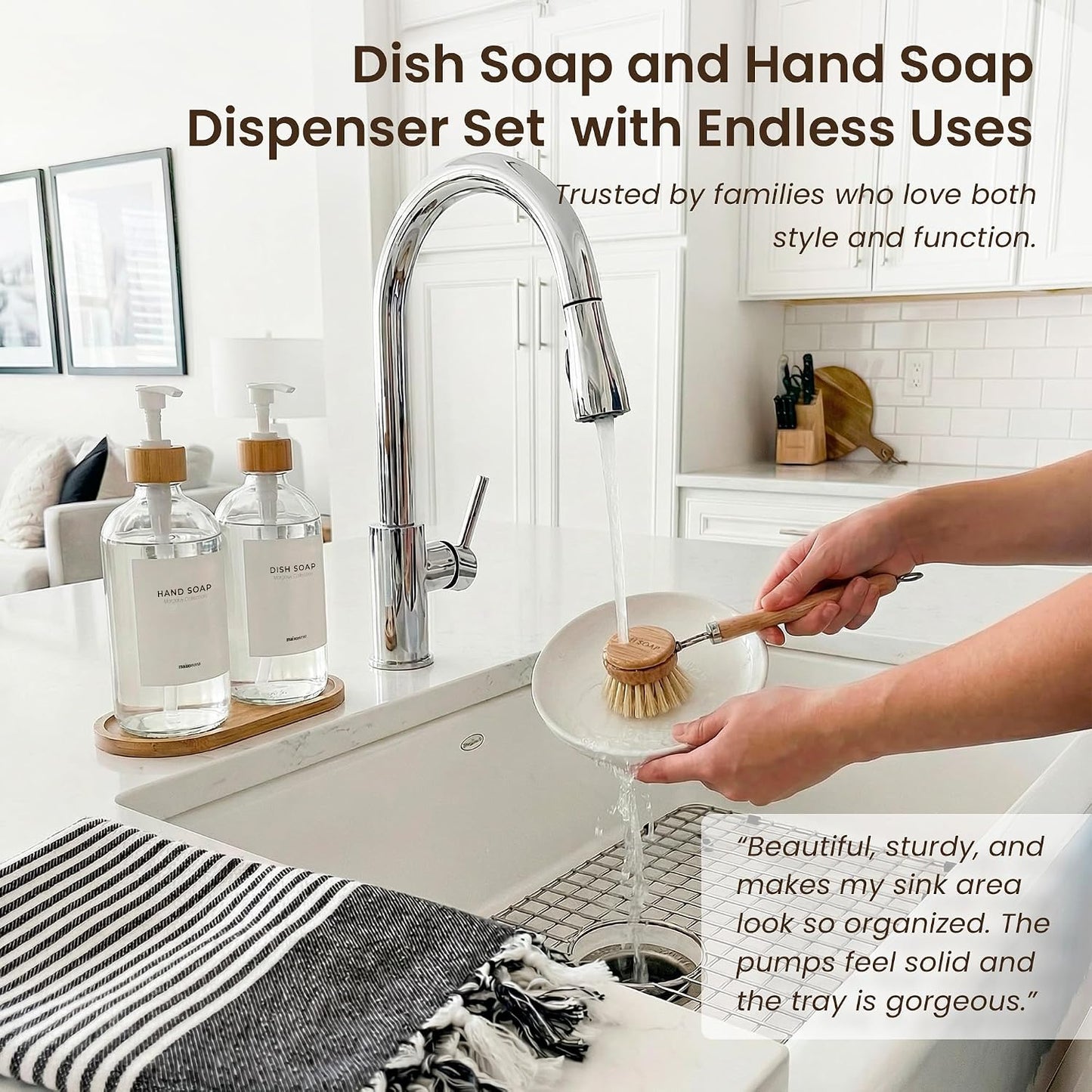 Maisonovo Dish Soap Dispenser Set - Clear Soap Dispenser White Bamboo Pumps | Glass bottles for body wash, lotion