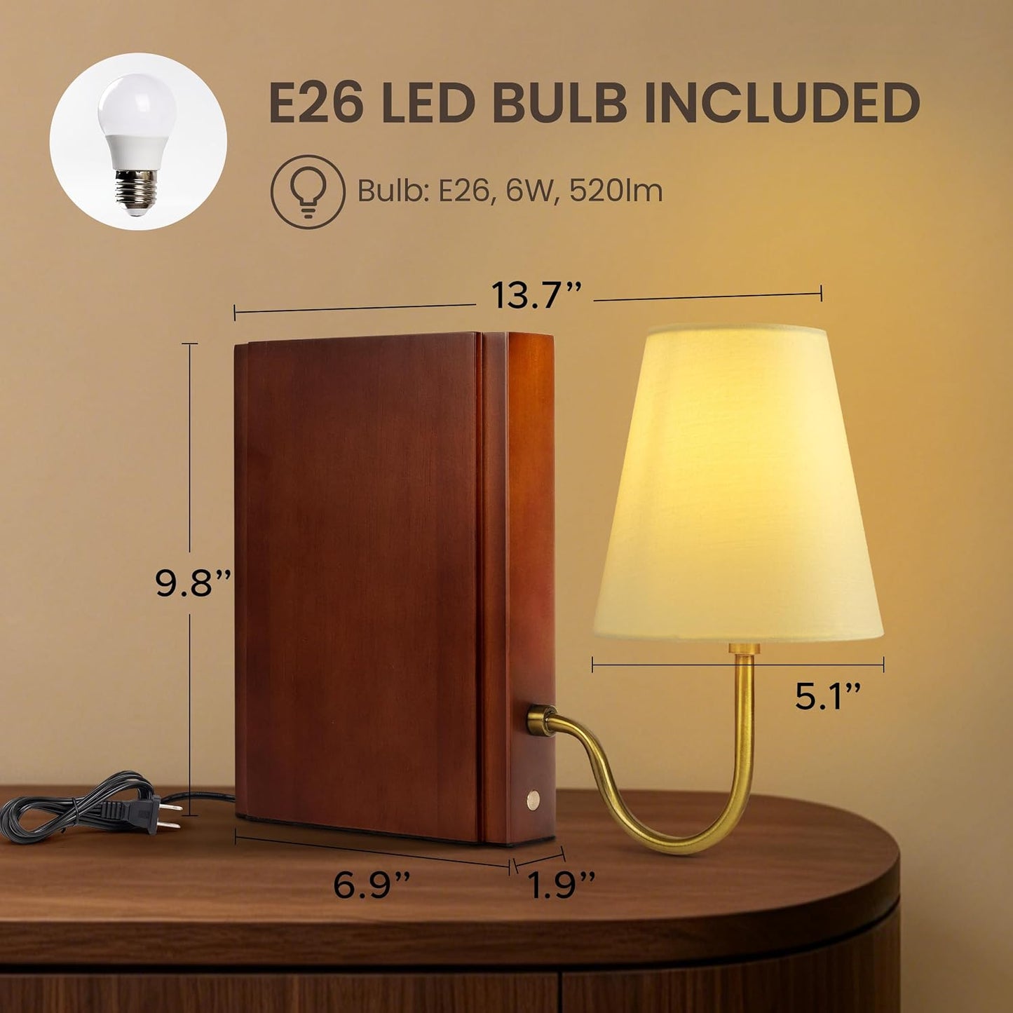 Solid Wood Bookshelf Lamp with Bulb, 3-Color Touch Control Dimmable Table Lamp with Linen Shade, Modern Decorative