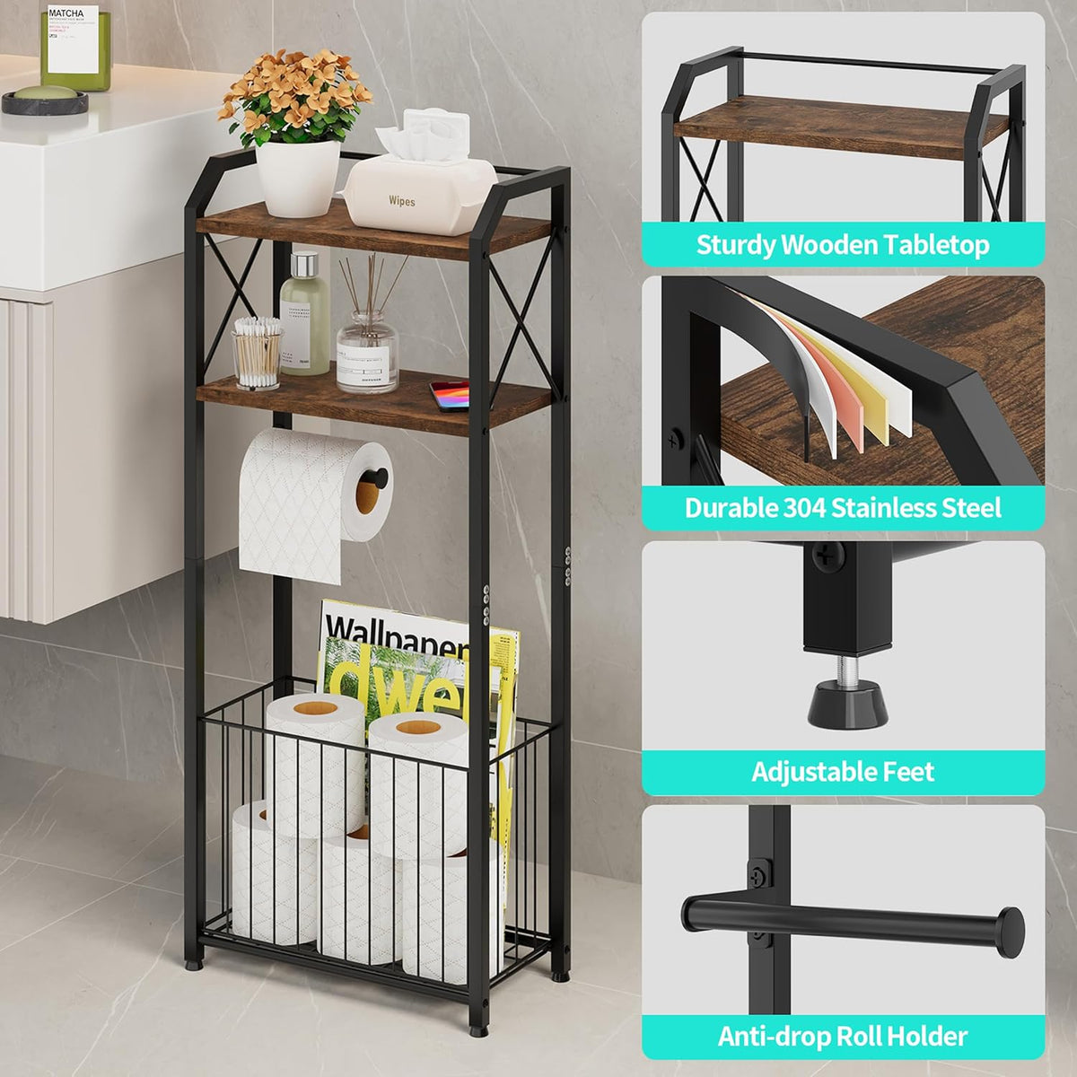 HapiRm Freestanding Toilet Paper Holder - 4-Tier Bathroom Tissue Organizer with Wood Shelves and Large Basket, Toilet