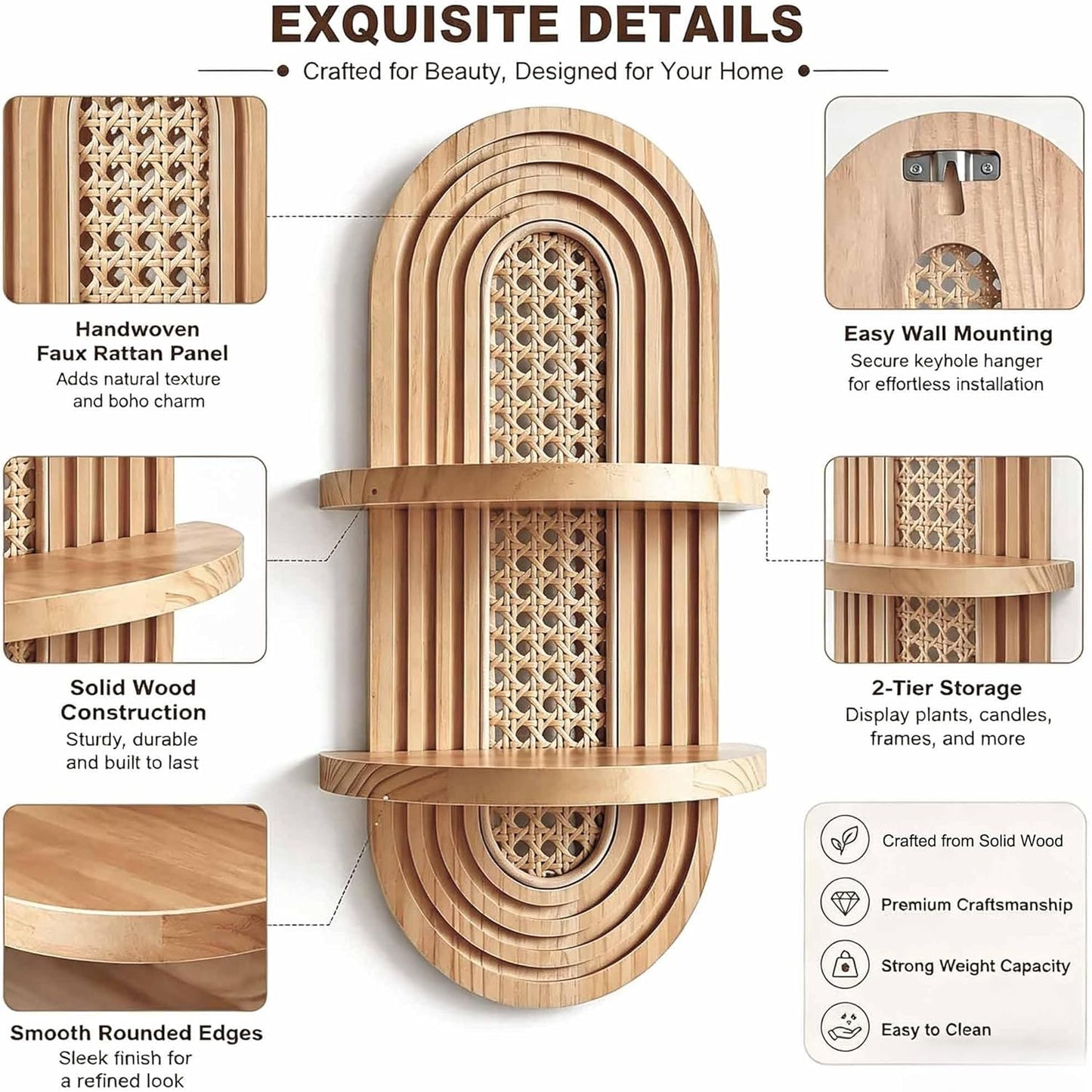 2-Tier Woven Rattan Floating Shelves / Natural