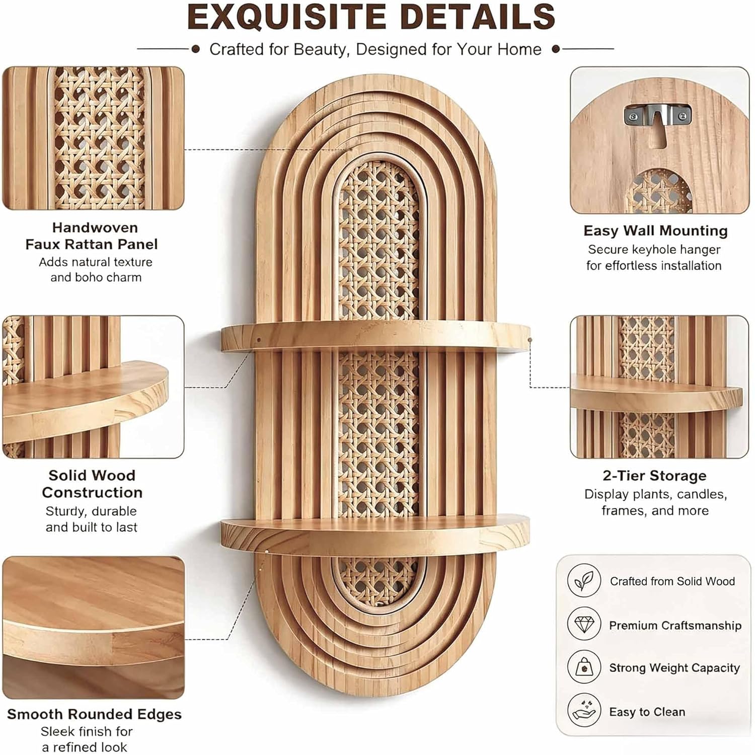 2-Tier Woven Rattan Floating Shelves / Natural