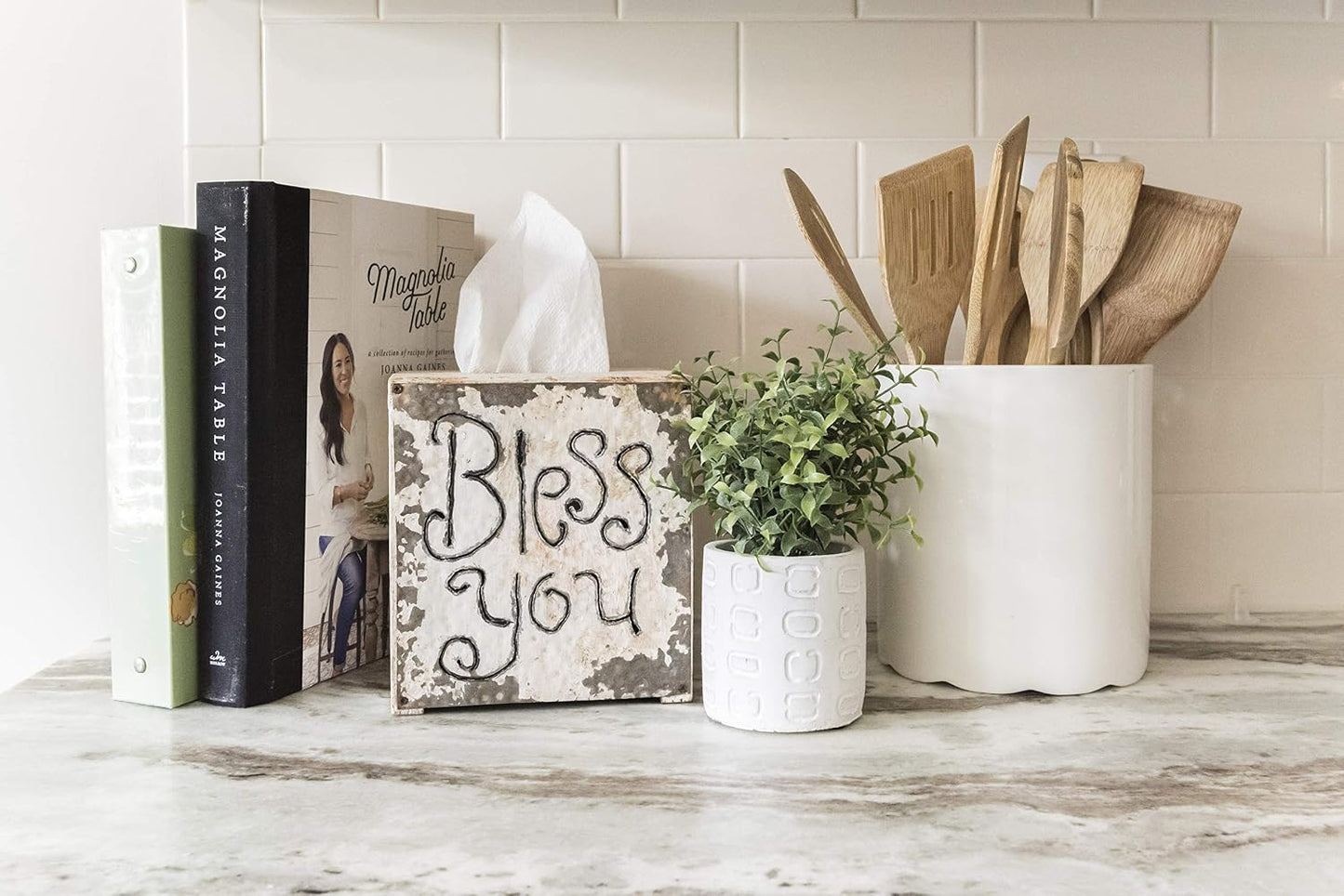 Wood & Metal Bless You Tissue Box Cover / White