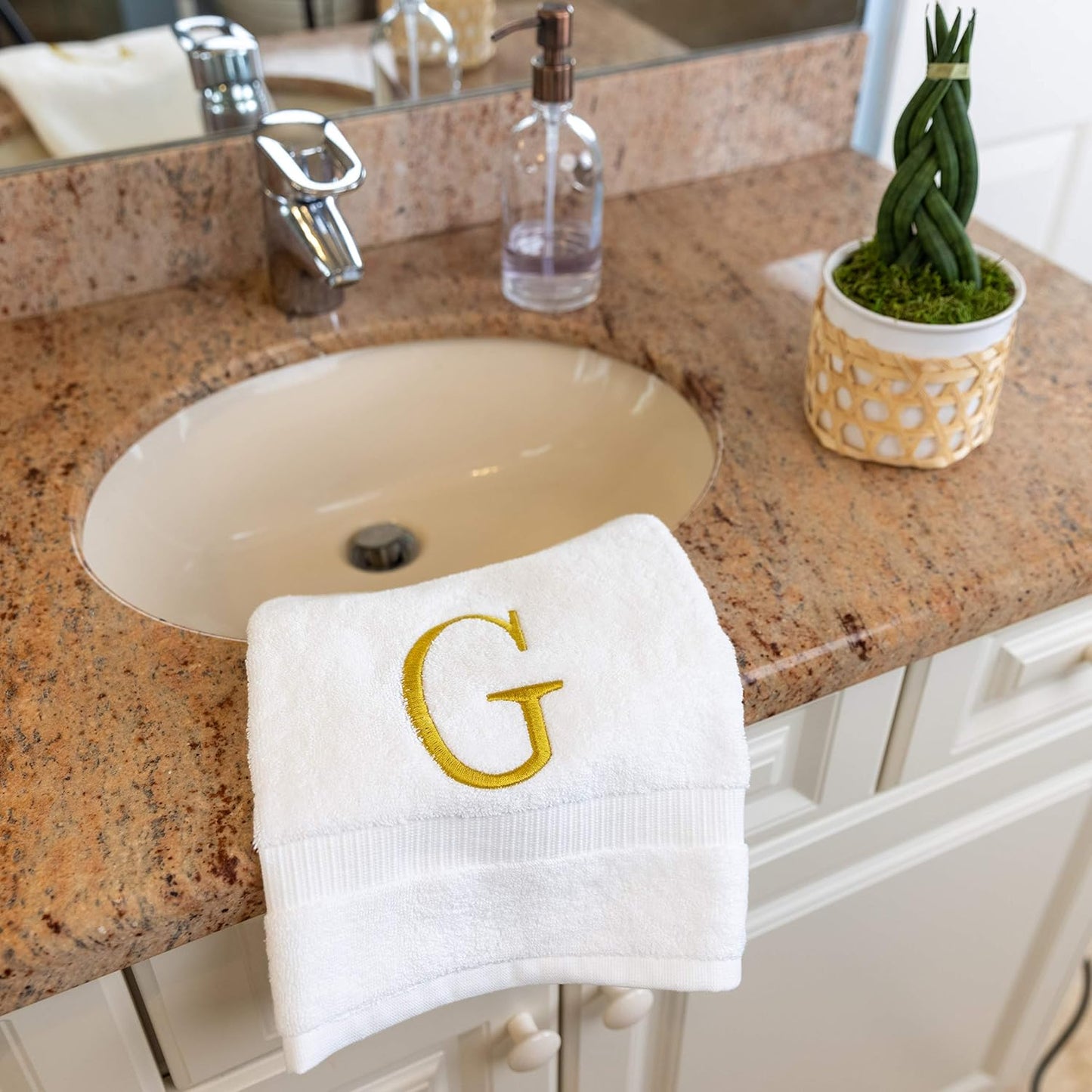 White with Gold Monogrammed Hand Towels for Bathroom - Set of 2 Letter G | Luxury Hotel Quality Initial Towels For