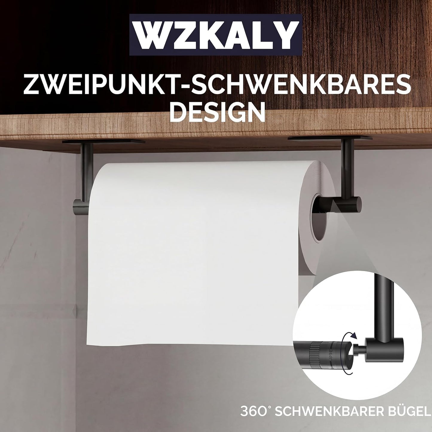 Matte Black Paper Towel Holder Under Cabinet Self Adhesive | 304 Stainless Steel Post Pivoting Design Wall Mounted & No