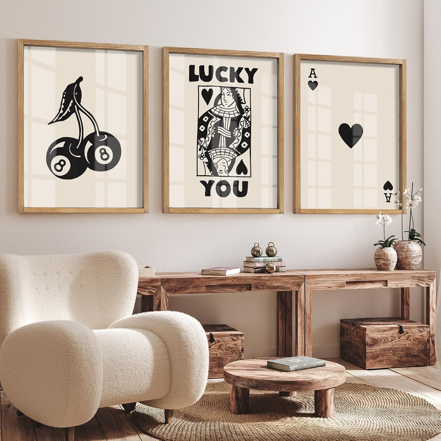 Heiple Framed Set of 3 Poker Wall Art Lucky You Poster, Trendy Retro Print Wall Decor for Queen of Hearts Wall Art