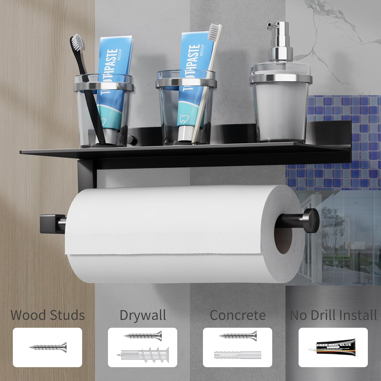 Wall Mount Paper Towel Holder with Shelf for Bathroom/Kitchen, Adhesive Hand Towel Holder, Matte Black