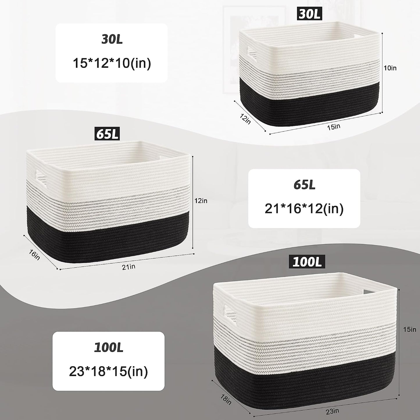 Rectangle Woven Baskets for Storage / Black / 65L
