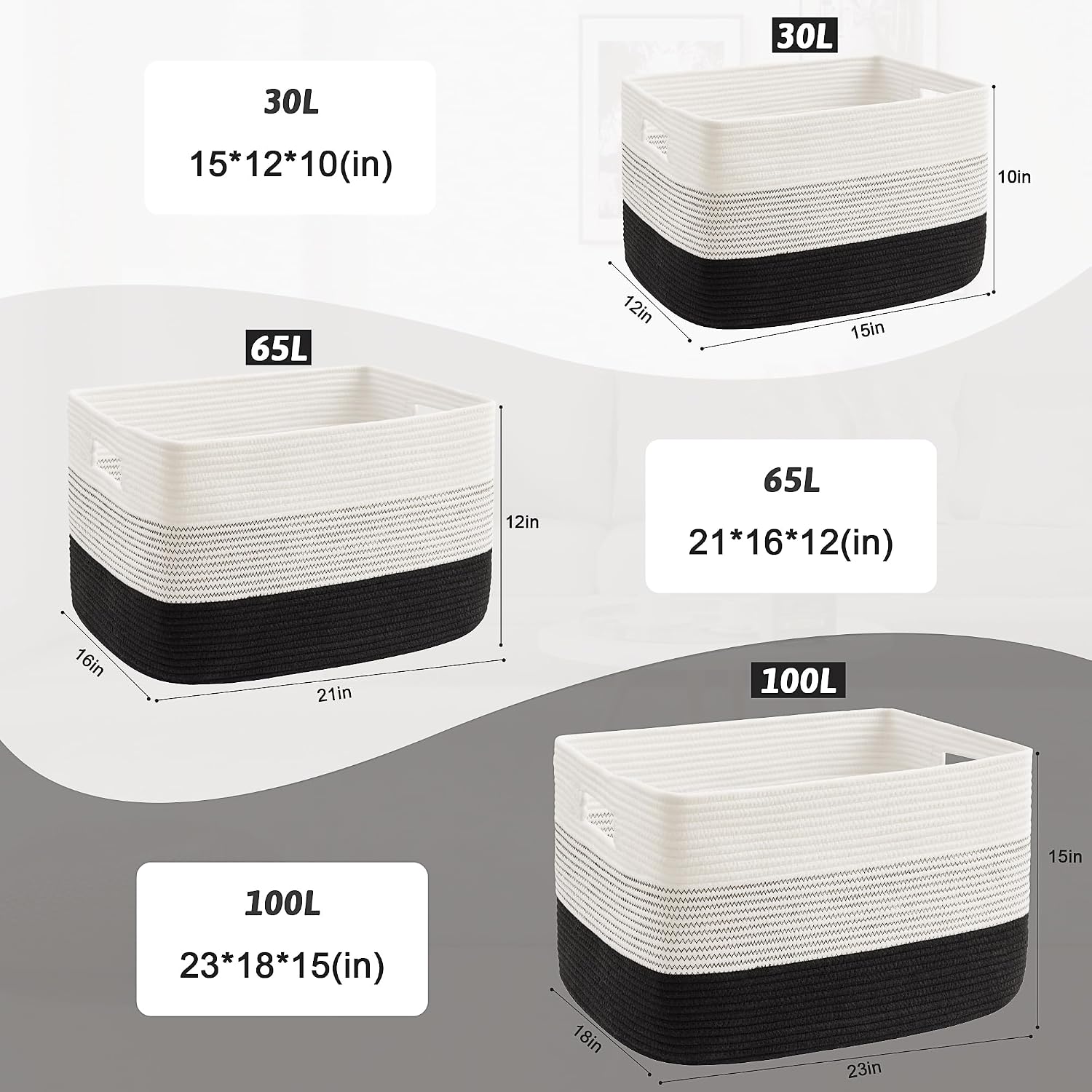 Rectangle Woven Baskets for Storage / Black / 65L