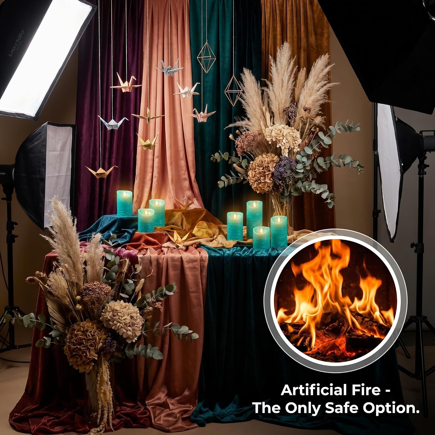VENTA Turquoise Real Wax Flameless Candles, Set of 3 | Realistic Teal LED Pillar Candles with Remote & Timer | Perfect