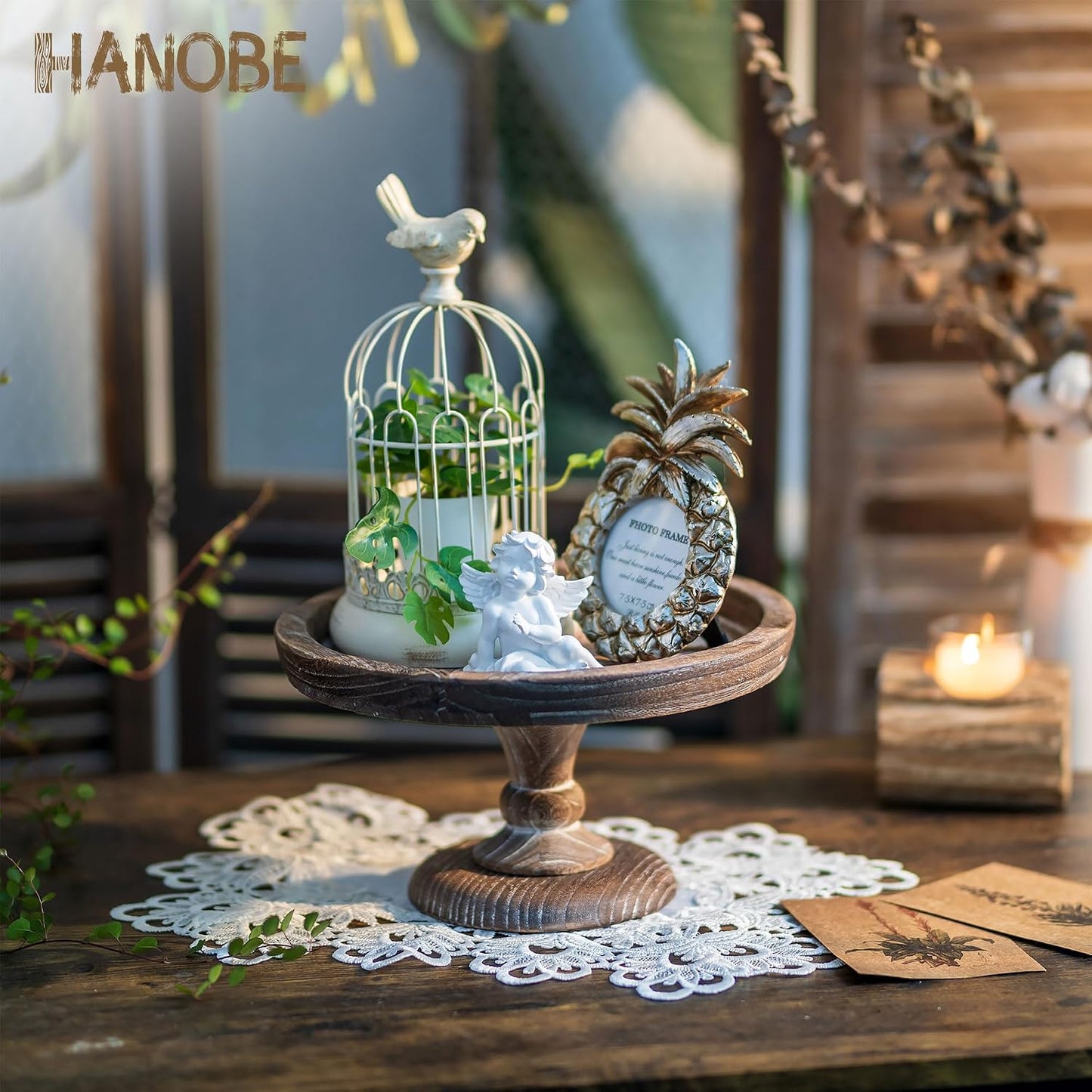 Rustic Wooden Risers Round Decorative Pedestal Plate Stand Holder Tray