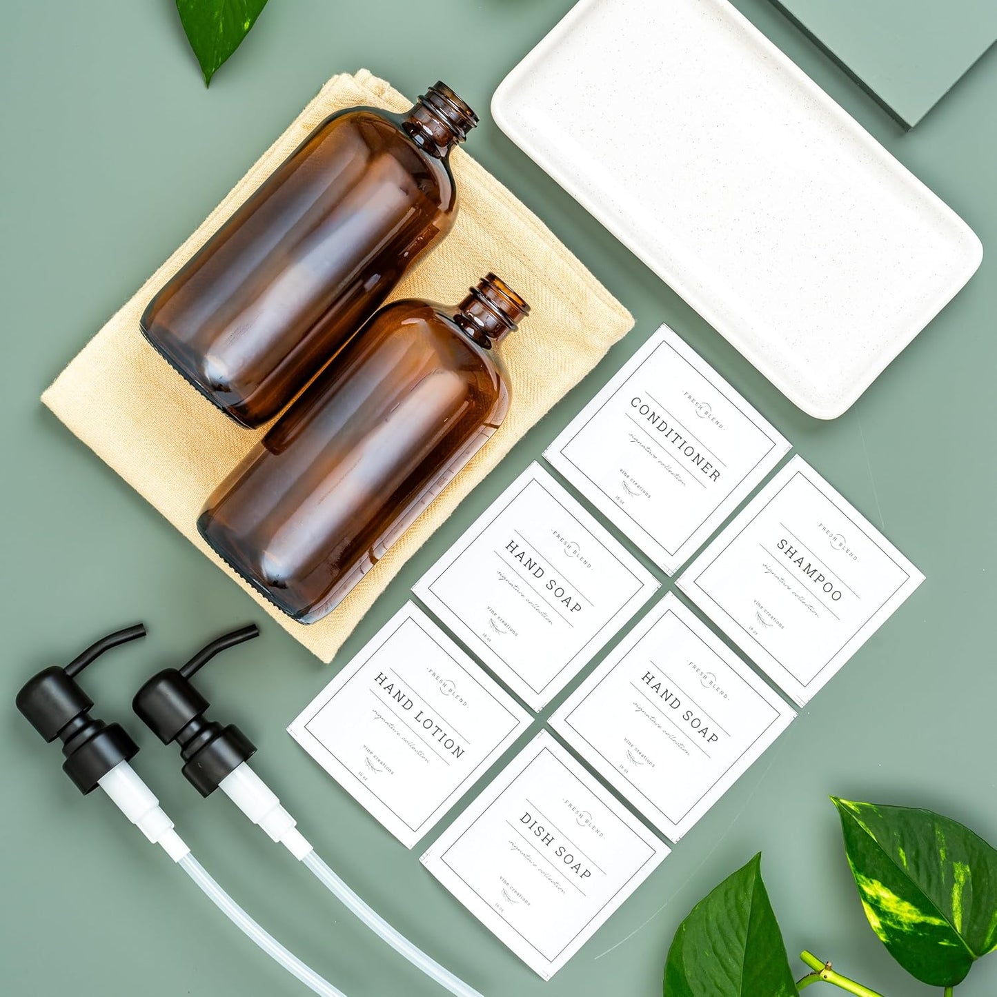 Vine Creations Amber Glass Soap Dispenser, 2 Pack Kitchen Soap Dispenser Set with Ceramic Tray, Stainless Steel Pump