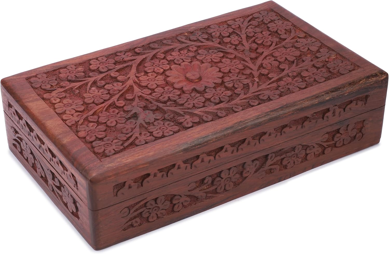 Wooden Handcarved Decorative Jewelry Storage Box Flower Design Multipurpose Treasure Chest / 8 x 5