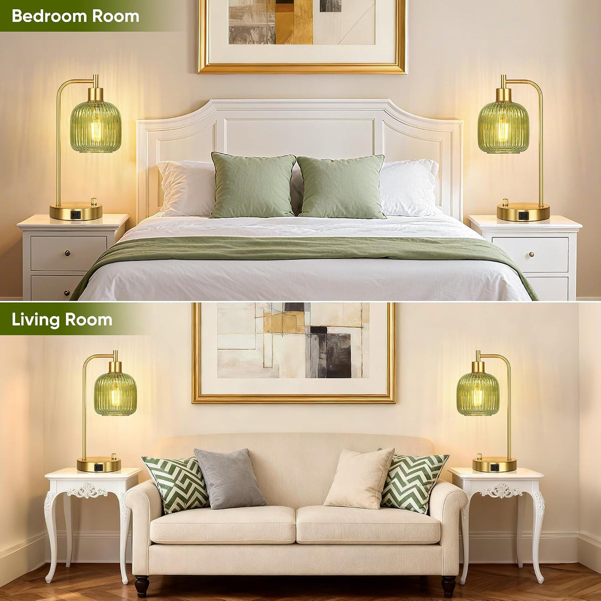 QiMH Industrial Table Lamp for Bedroom Set of 2, Green Glass Beside Lamp with USB A&C Ports, Stepless Dimmable Gold