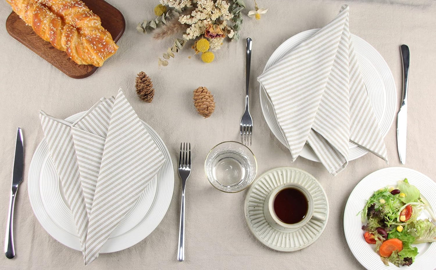 Plain Striped Cotton Linen Blended Dinner Cloth Napkins - Set of 12 (17 x 17 inches) - for Events & Home Use (Beige)