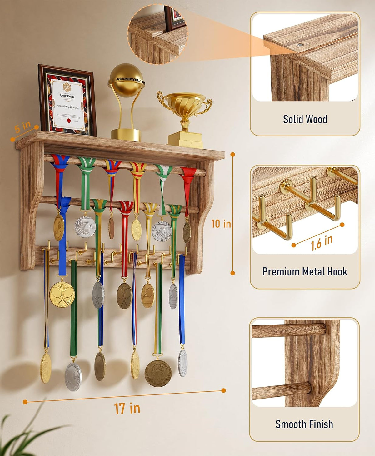 Medal Hanger Display, 3-Tier Solid Wood Trophy Shelf Rack | Medal Holder,2 Medal Bars,17 Metal Hooks,Heavy Duty