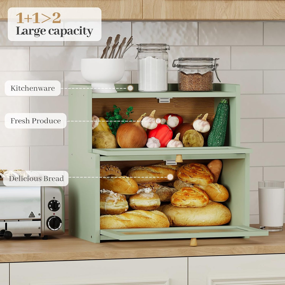 Bread Box for Kitchen Countertop, Large Bamboo Bread Storage Container with Double Layer, Bread Holder for Homemade