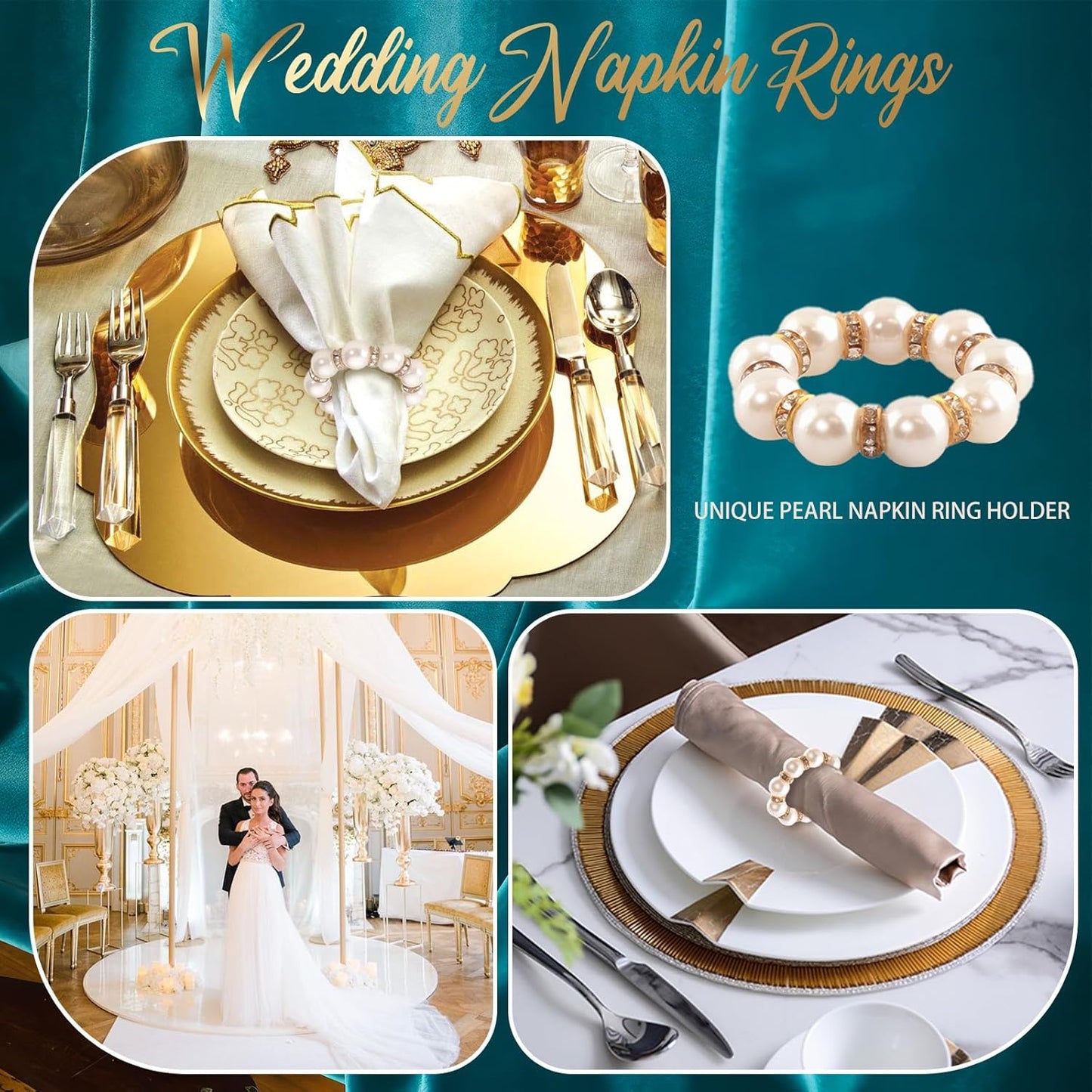 100Pcs Gold Disposable Napkin Rings Imitation Pearl Ring Napkin Holder Delicate White&Gold Beaded Serviette Buckles for