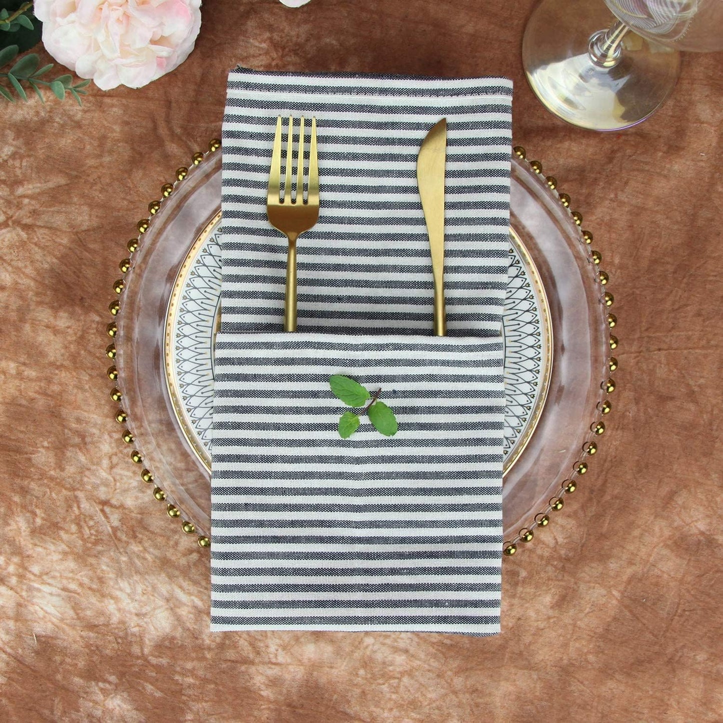 Plain Striped Cotton Linen Blended Dinner Cloth Napkins - Set of 12 (17 x 17 inches) - for Events & Home Use (Black)