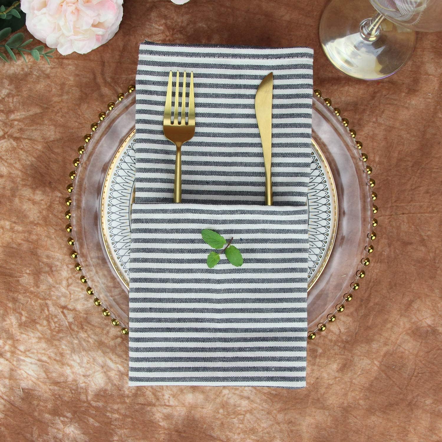 Plain Striped Cotton Linen Blended Dinner Cloth Napkins - Set of 12 (17 x 17 inches) - for Events & Home Use (Black)