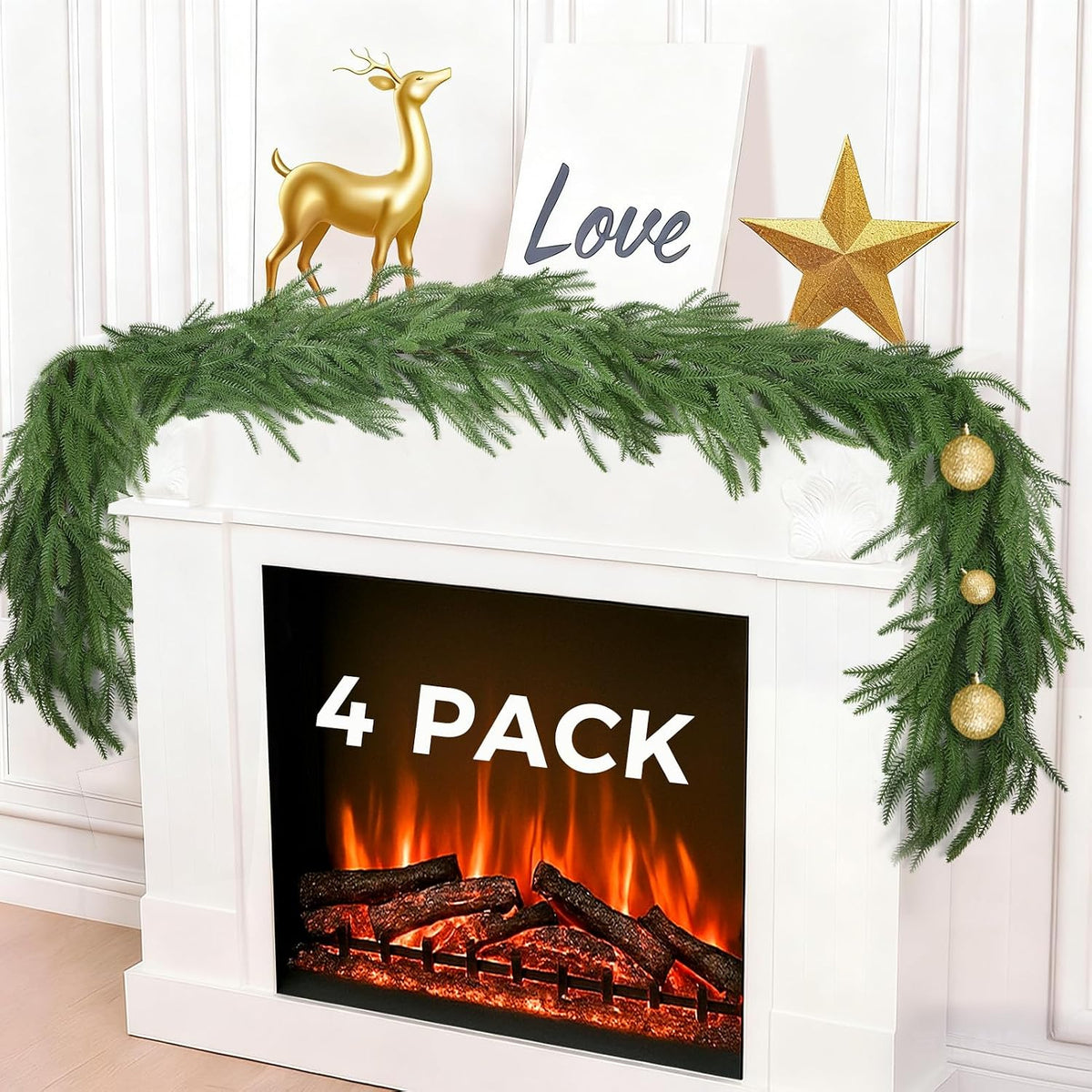 6 FT 4Pcs Christmas Norfolk Pine Garlands, Real Touch Pine Garland, Winter Artificial Greenery Xmas Garland for