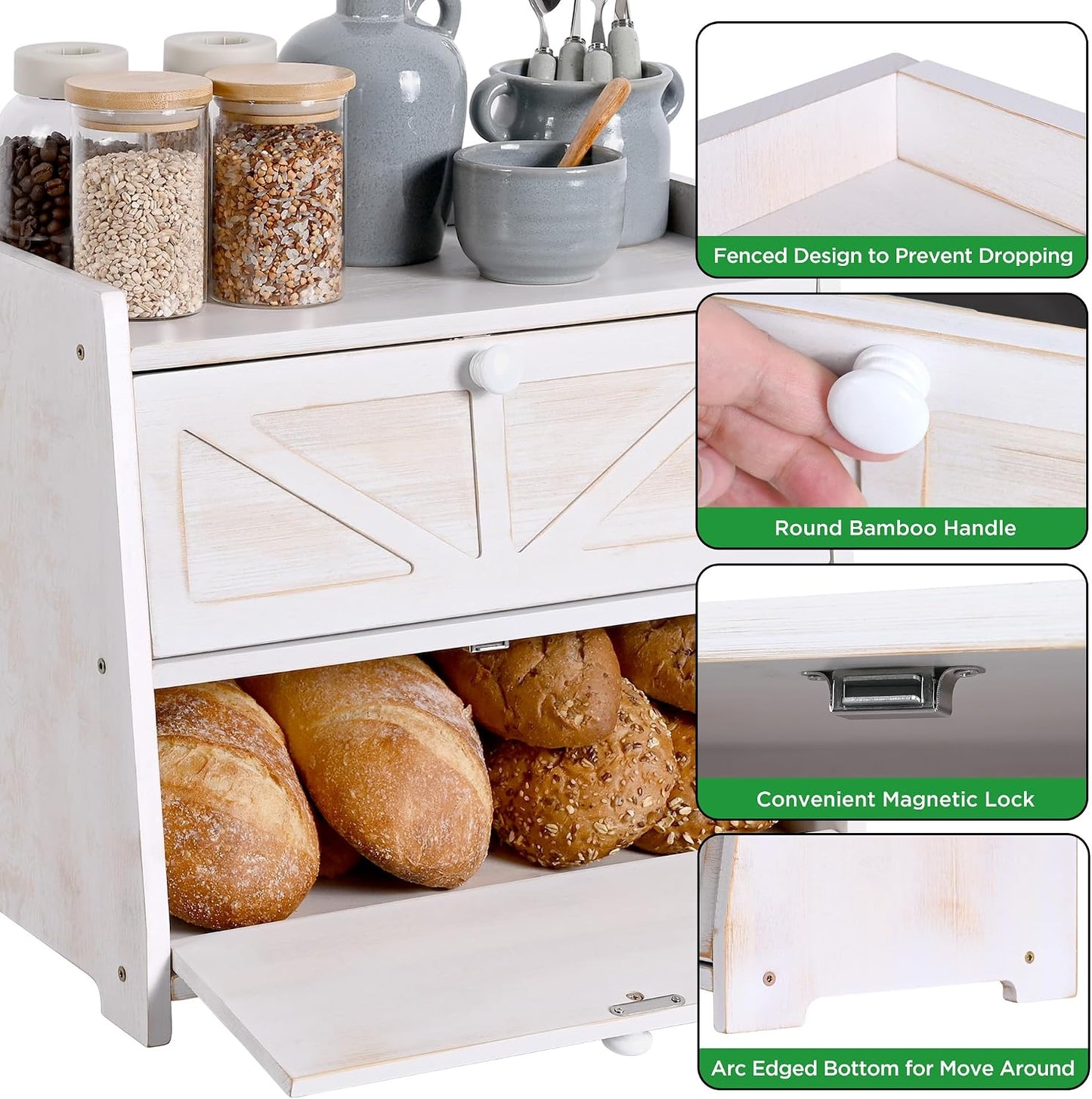 Bamboo Corner Bread Box for Kitchen Countertop 2-Tier White | Farmhouse Bread Storage Container, Large Pantry