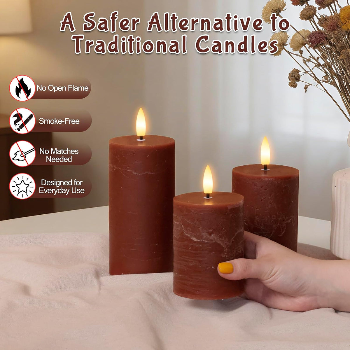 Brown Flameless Pillar Candles with Remote, Battery Operated Candle | Real Wax Flickering LED Decorative Candles, Warm