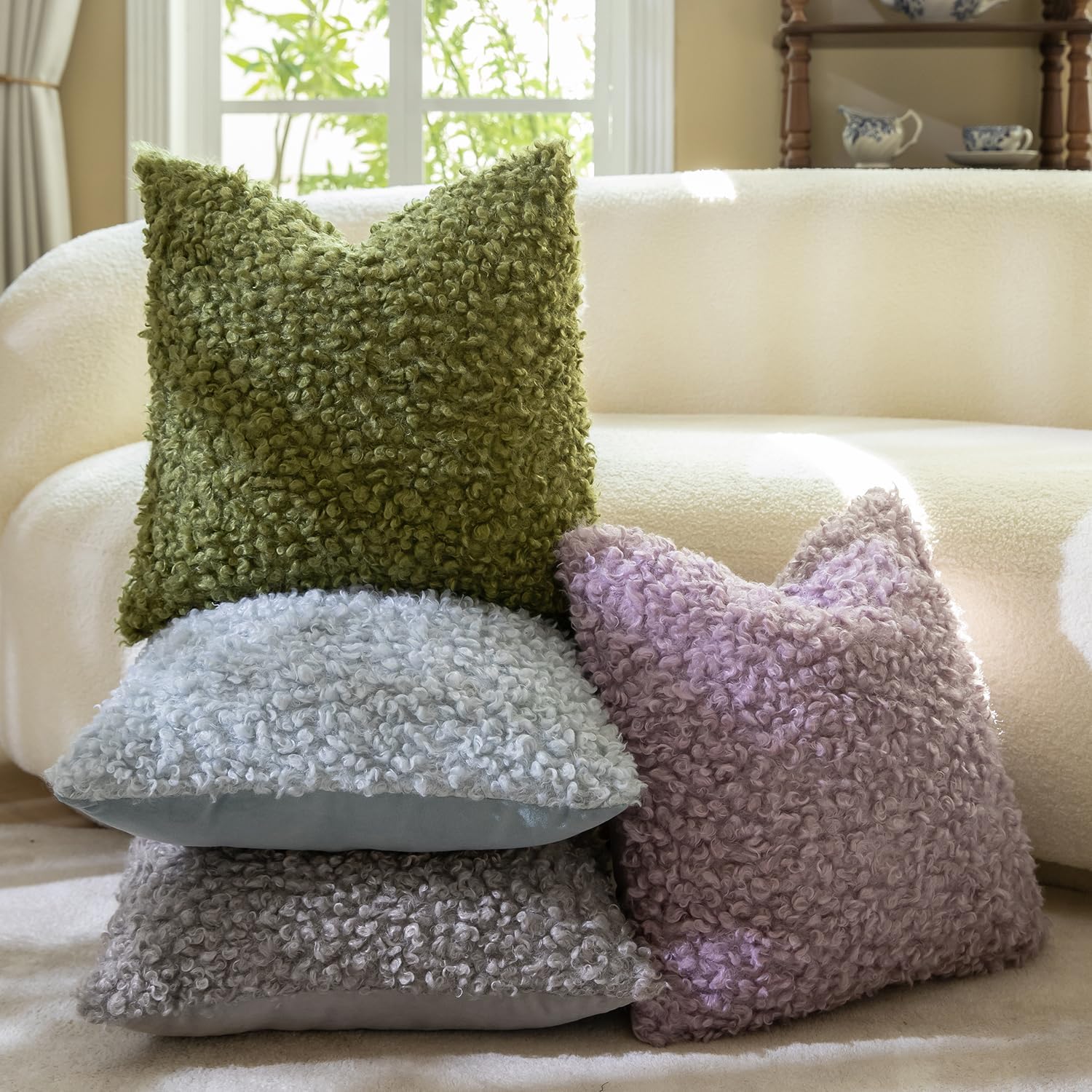Faux Fur Throw Pillow Covers Boucle Decorative Sherpa Pillow / Light Purple / 18 x 18 / Set of 2