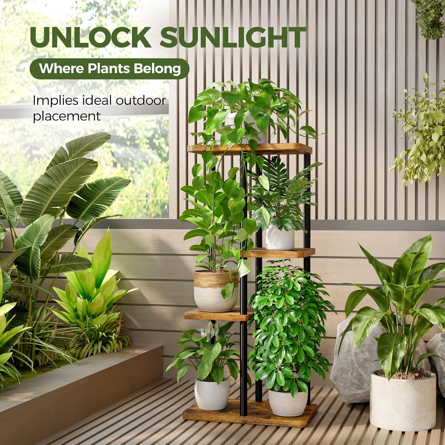 Bamworld Plant Stand 4 Tier Corner Metal Shelf Brown | Tiered shelf displays multiple plants in living rooms, bedrooms