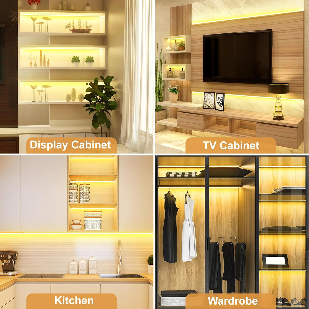 JUSJUBR LED Shelf Lights, 16.4ft 12V Dimmable Cuttable COB LED Strip Lights, Warm White 3000K, Under Shelf Lighting for